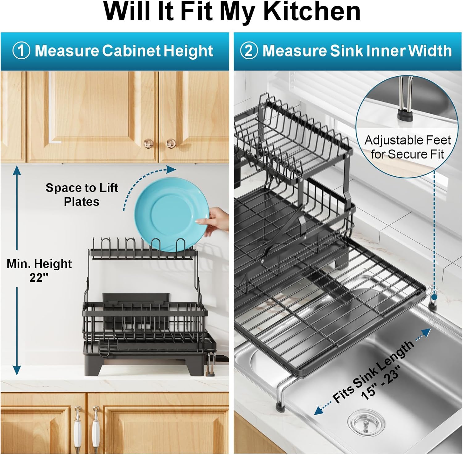 GSlife Large 2 Tier Dish Drying Rack, Expandable Heavy-Duty Dish Rack for Kitchen Counter, Rust-Resistant Dish Drainer with Utensil & Cup Holder, Auto-Drain, 16.9" W x 14.4"-22.4" L, Black