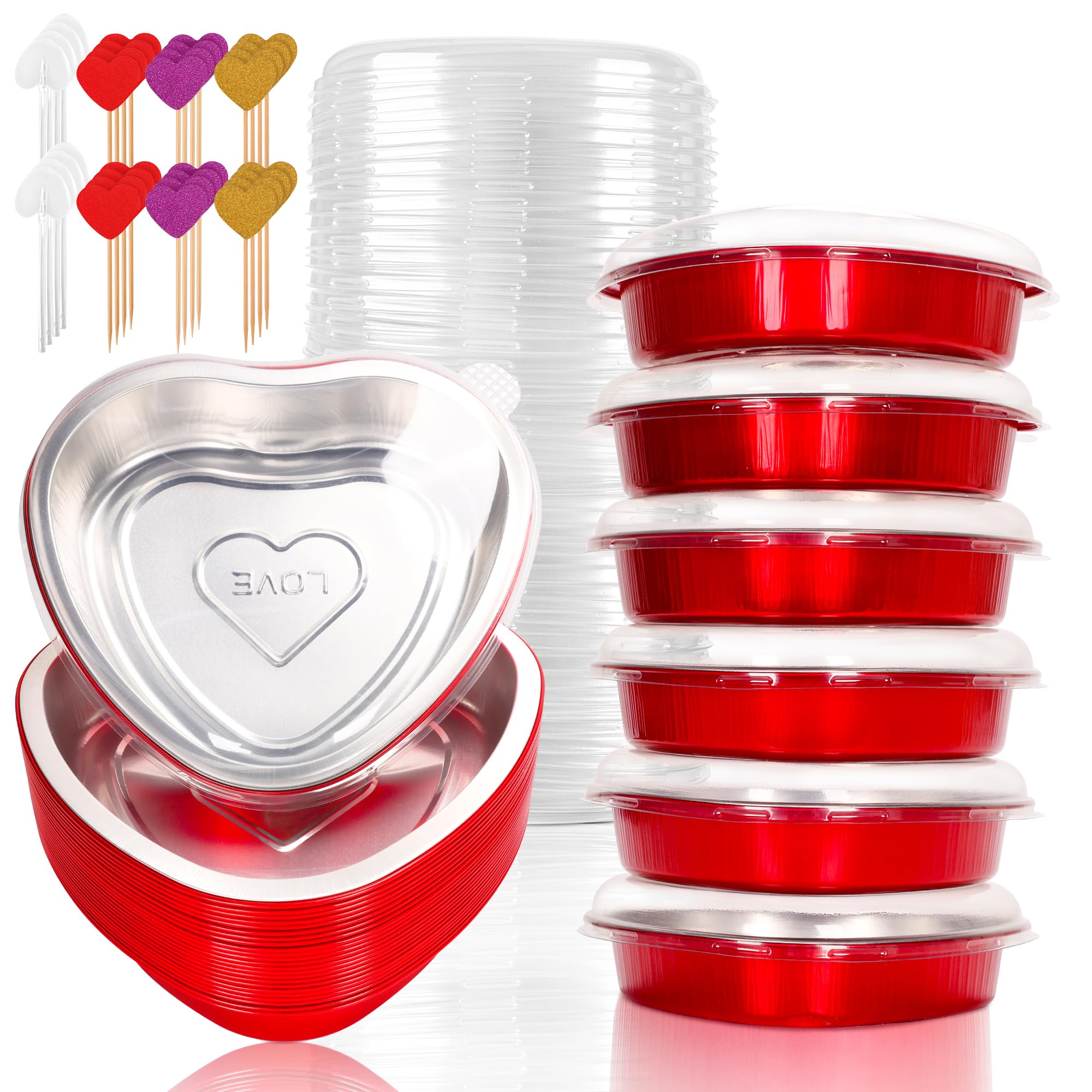 yeload 24 Pack 8 Inch Heart Shaped Cake Pans with Lids, 23oz Large Disposable Foil Heart Pans for Valentine's & Mother's Day, Aluminum Heart Cake Pans