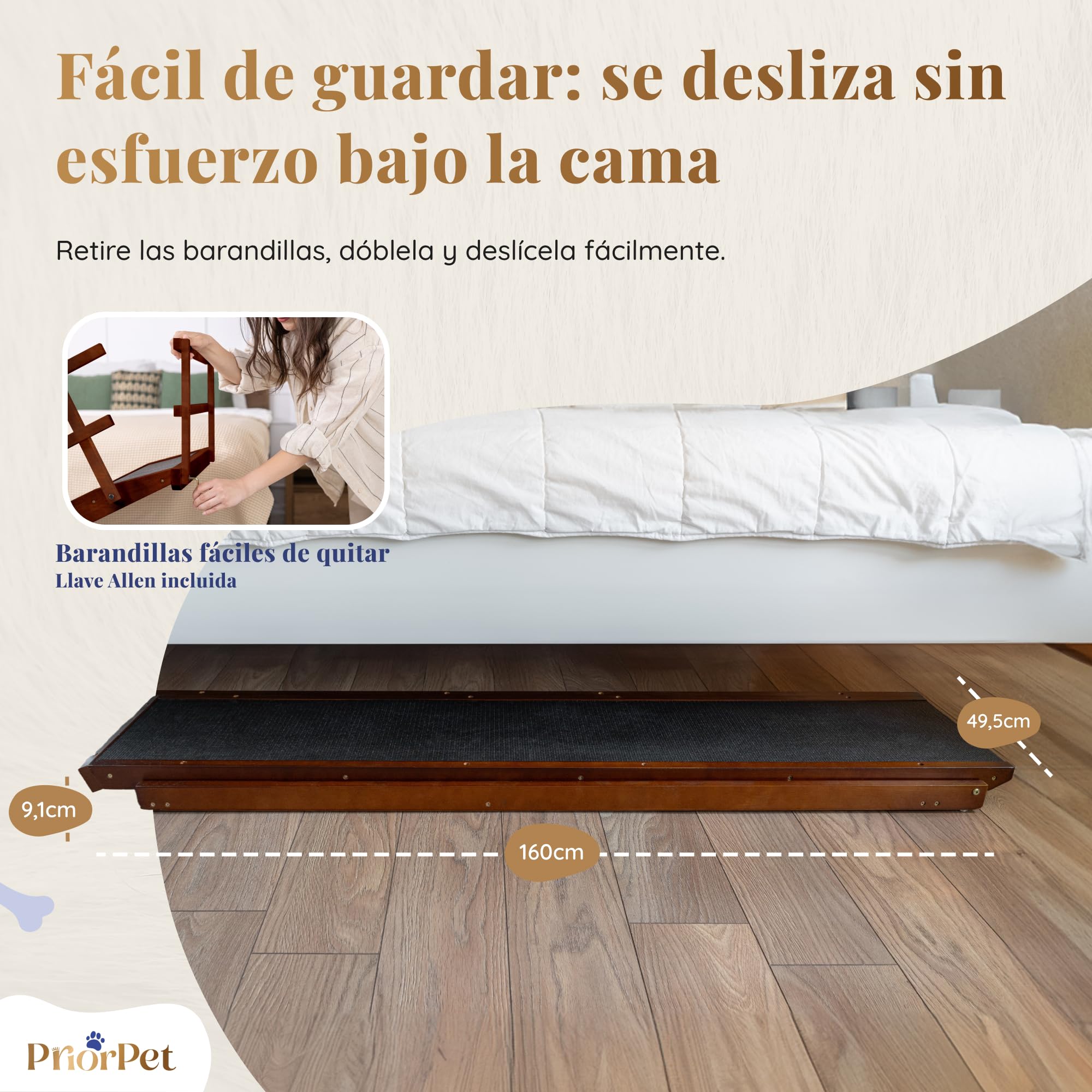 Rampa para Perros Cama con Rieles de Seguridad para Perros Grandes – para Camas Altas de hasta 94,5 cm – Soporta hasta 90 kg – Ancho 49,5 cm – Plegable, Antideslizante – Madera de Abedul – Nuez