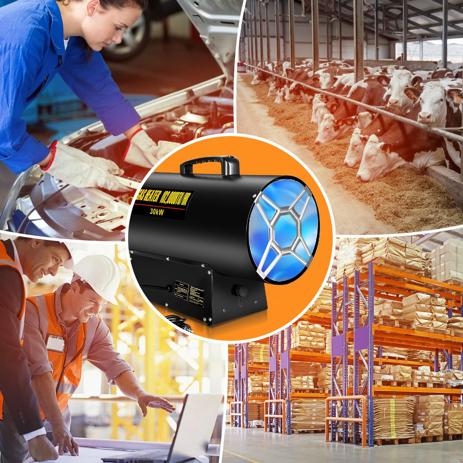 Eulenke Soplador calefactor de gas de 30 kW, calentador de gas, caudal de aire 650 m³/h, radiador calefactor de gas incl. manguera de gas y reductor de presión, cañón de calor, generador de aire
