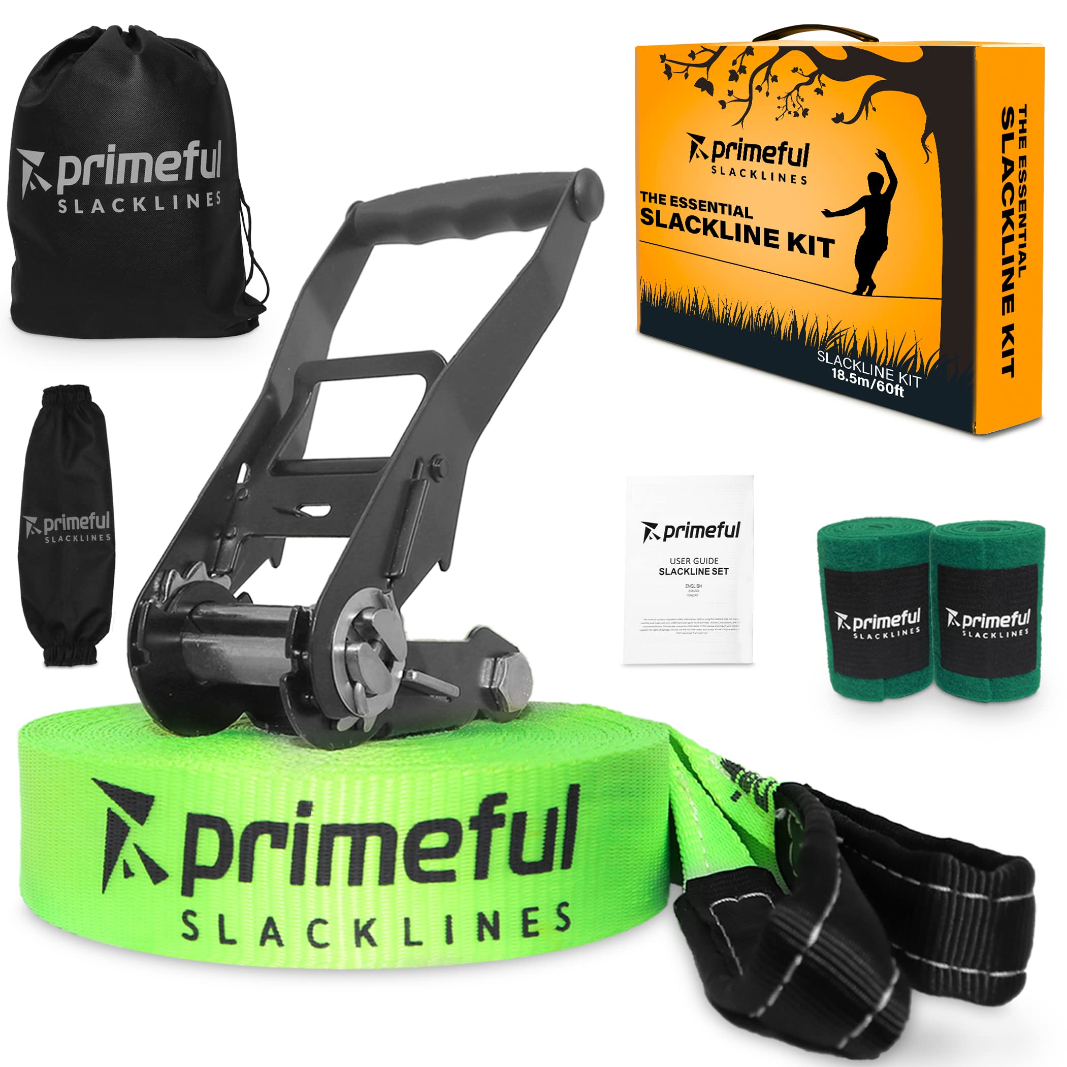 Primeful Slackline Set Komplett - Premium 15m mit Baumschutz & Ratchet System - Outdoor Balance Training für Anfänger & Profis - Made for Germany (Green, No Training line, Only Slackline)