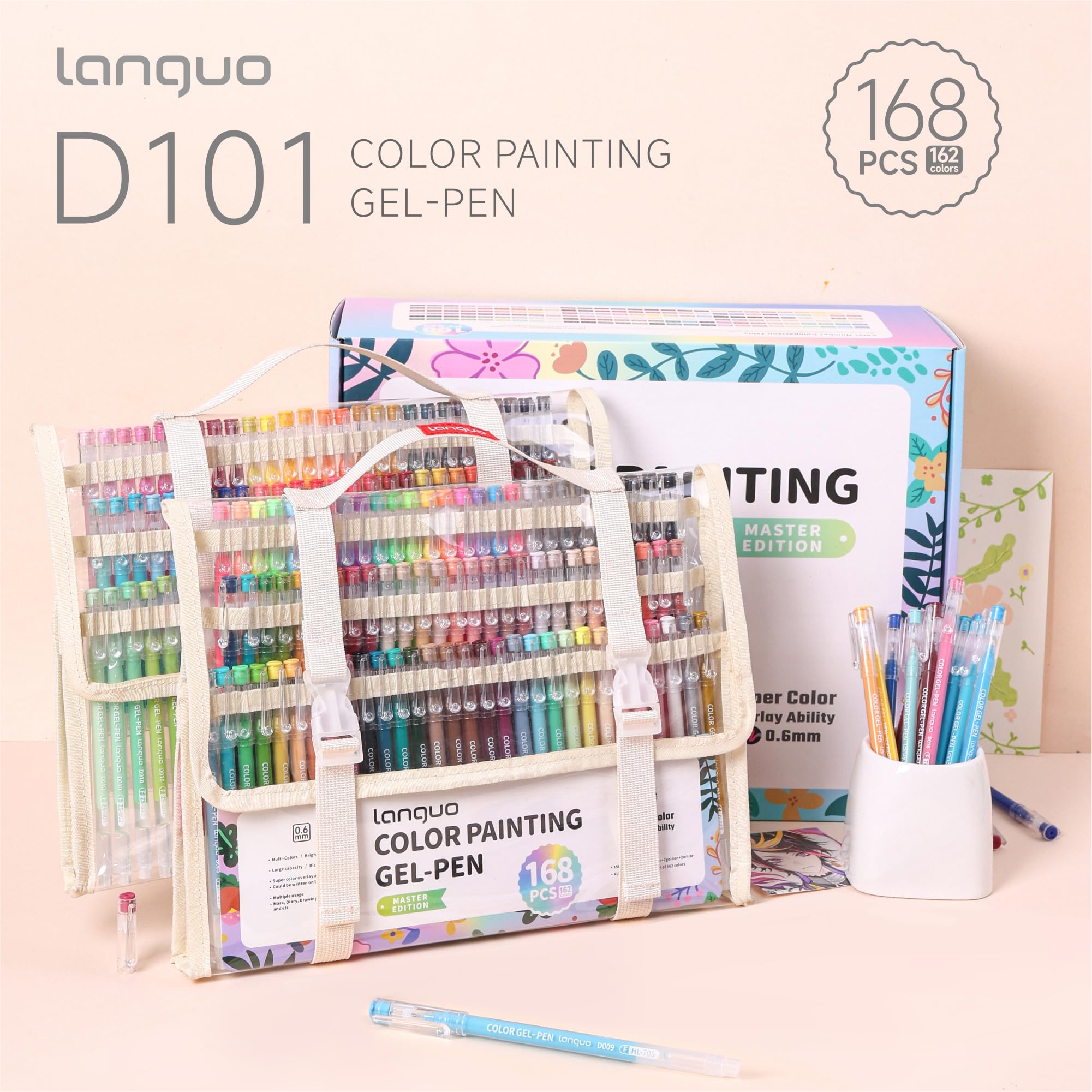 Languo Set mit 168 Gelstiften für Malbücher für Erwachsene, 162 Farben mit Reiseetui, perfekte Gelstifte zum Zeichnen, Kritzeln, Tagebuchführen, Künstlerbedarf und DIY-Handwerk