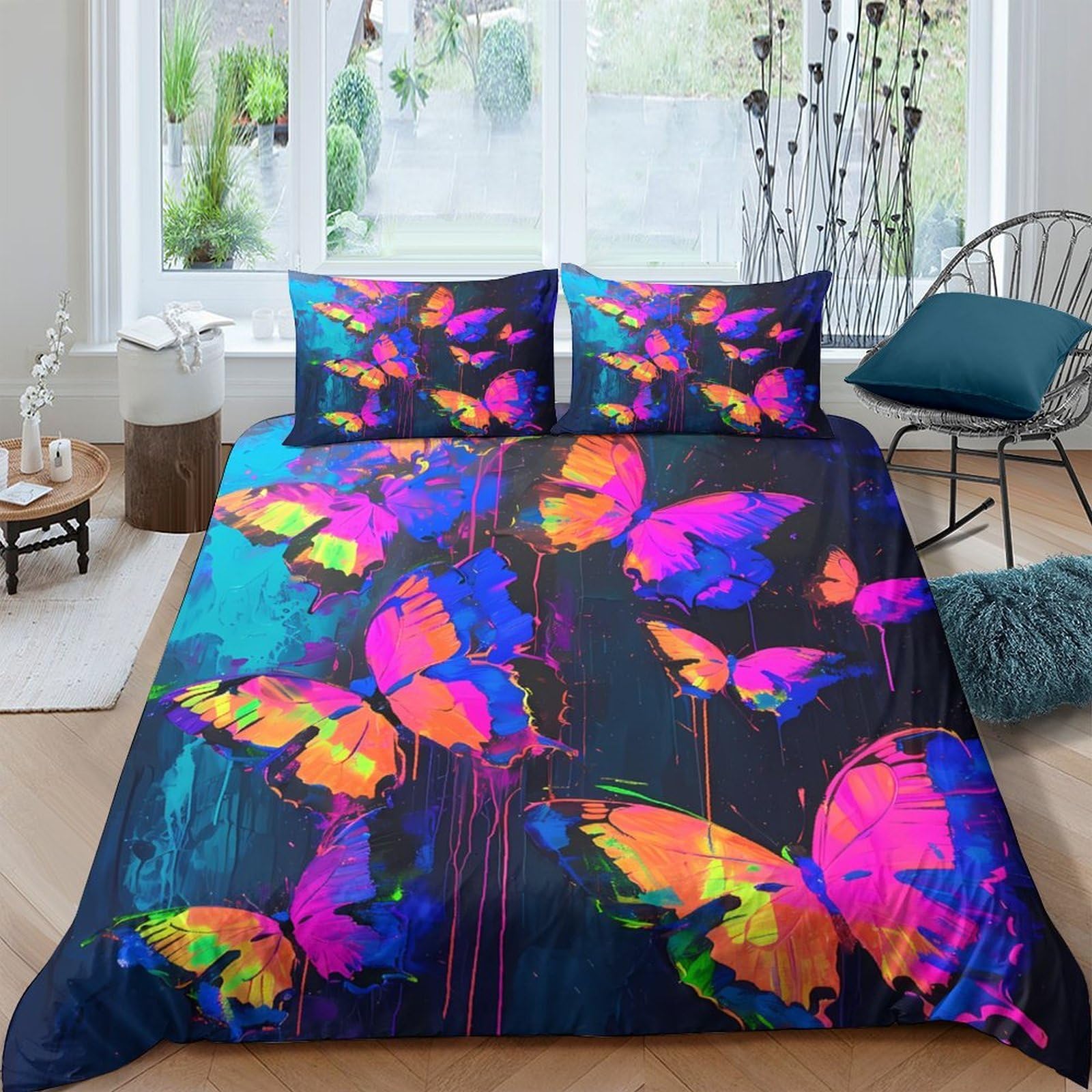 Ctjqhvkz Style-7 3D Printed Neon Butterfly Fitted Sheet Microfiber Soft Colorful Abstract Mattress Cover For Bedroom Dorm Easy Care Decor Single（135X200cm）