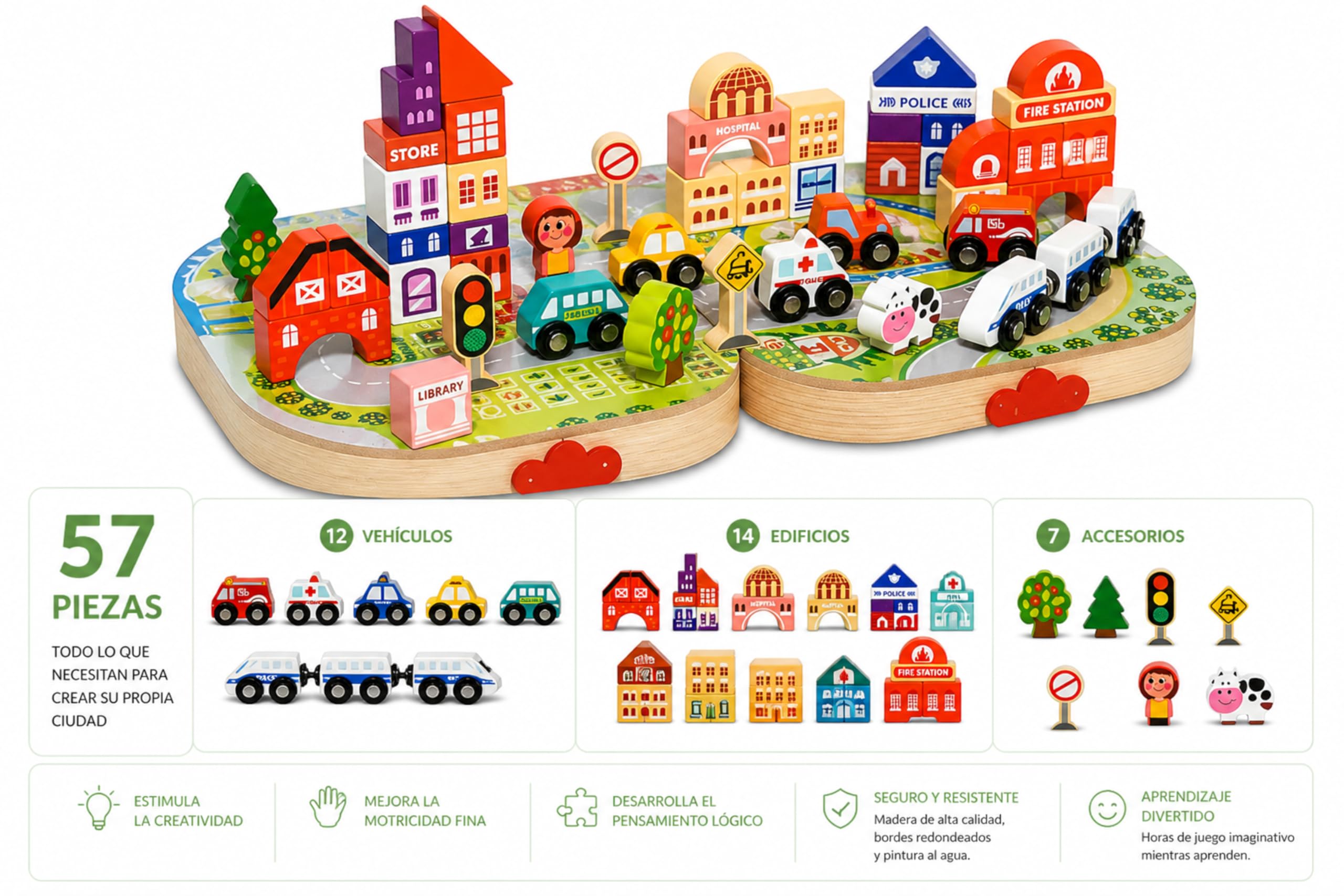 Juguete Montessori de Madera 57 Piezas para Niños 3 4 5 6 Años – Bloques de Construcción Ciudad con Tren, Coches, Edificios y Señales de Tráfico – Juego Educativo con Maletín