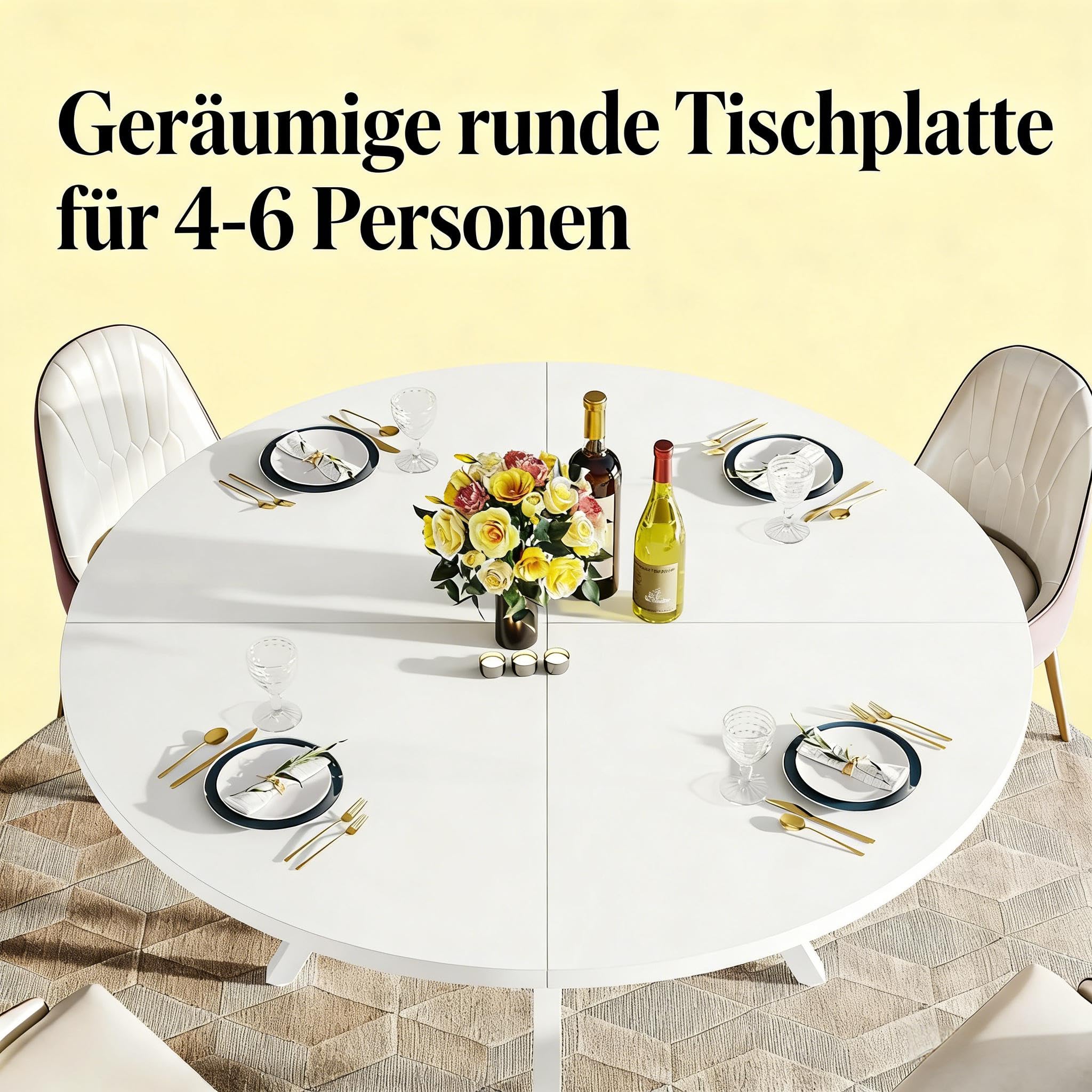 Table à manger ronde de 120 cm pour 4 à 6 personnes, table de cuisine blanche avec cadre en métal, polyvalente comme table basse ou table de réception