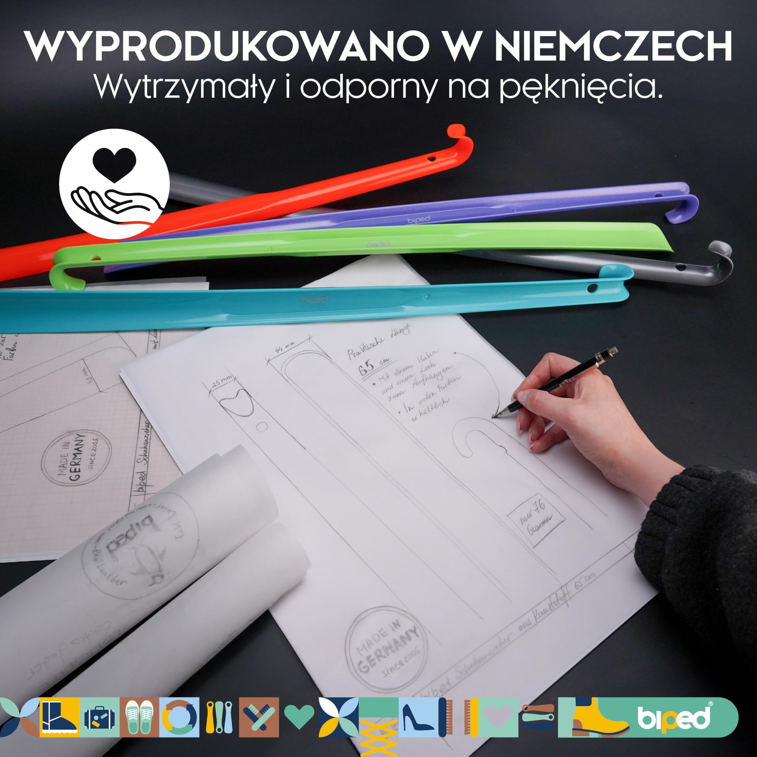 biped zestaw 3 długich łyżek do butów 65 cm plastik – bardzo długa łyżka z haczykiem – solidna i wytrzymała – produkcja niemiecka z1557