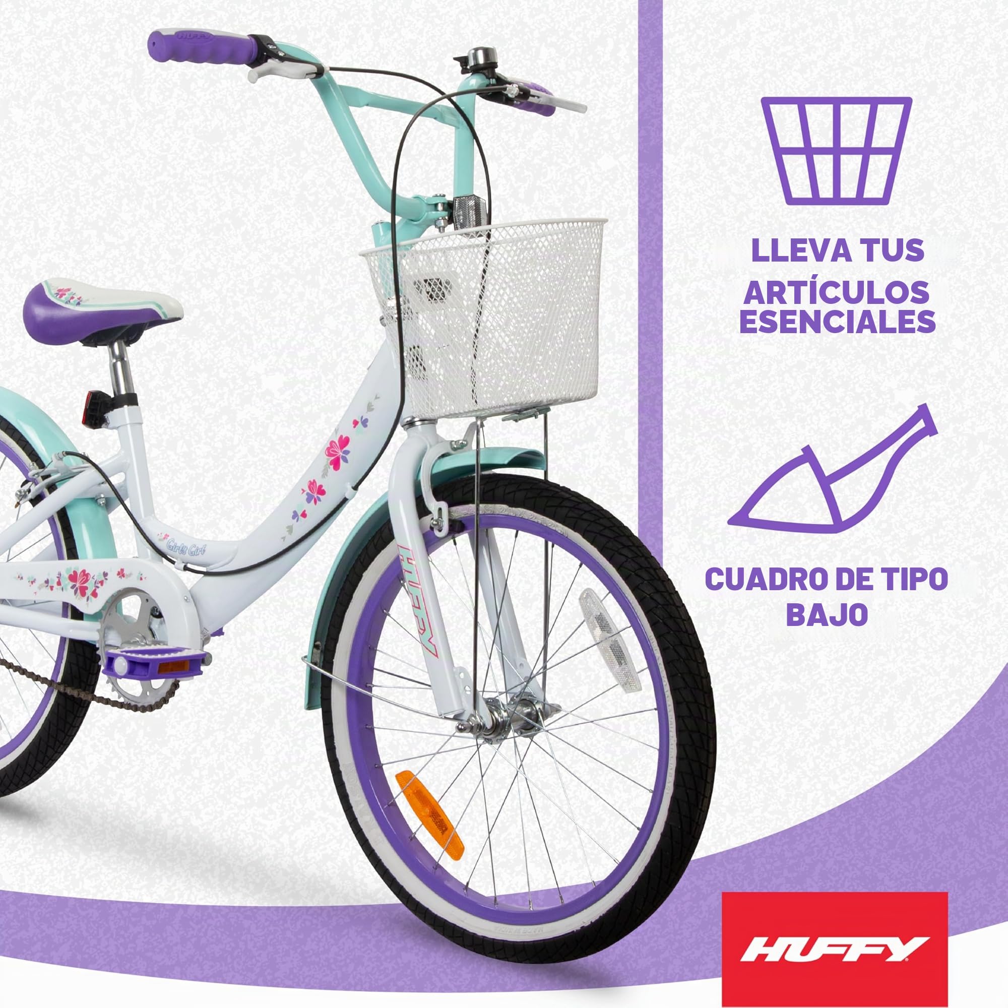 Huffy Girly Girl - Bicicleta para niñas de 20 Pulgadas + Cesta, Color Blanco, Azul y Morado de 6 a 9 años.