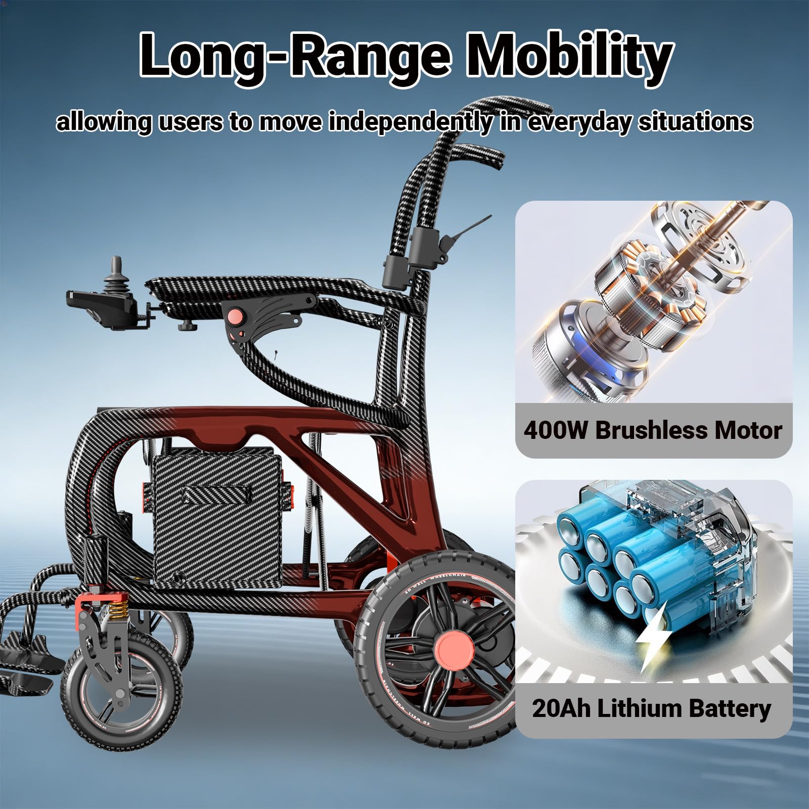 Ultraligera Carbono Fibra Silla de Ruedas Eléctrica Plegable para Adultos, 12 kg, Doble Batería de Litio 10Ah, Motor 400W, Luces, Autonomía de 30 km, Capacidad de 100 kg
