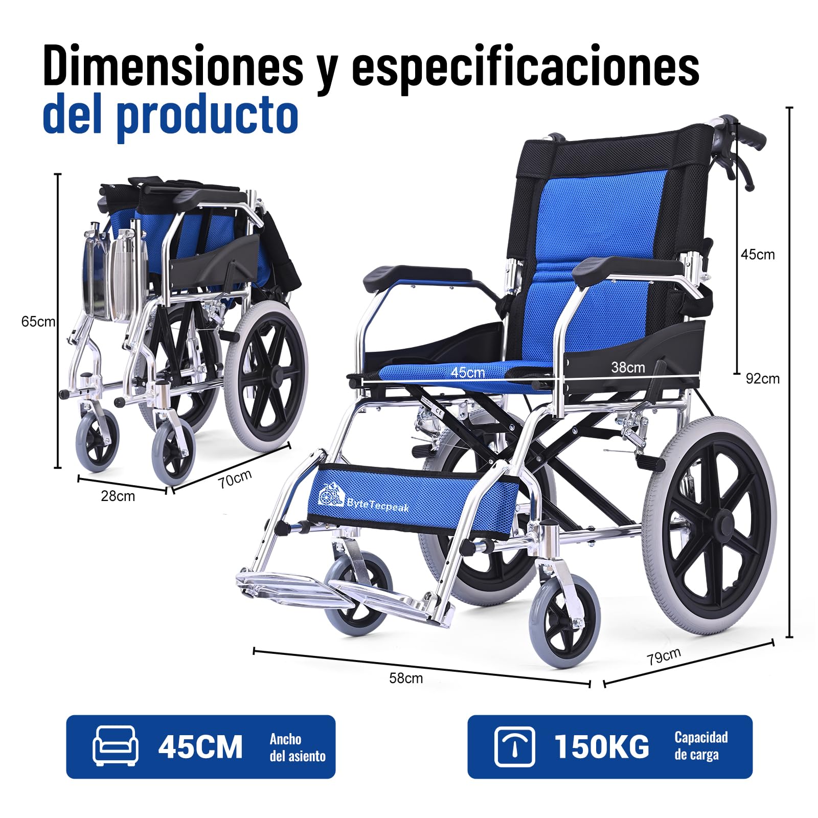 M3 Silla de Ruedas Plegable para Adulto, Ligera y Fácil de Transportar, Doble Sistema de Freno, Reposapiés Plegables, Soporta 100 kg, Ideal para Mayores y Usuarios con Movilidad Reducida