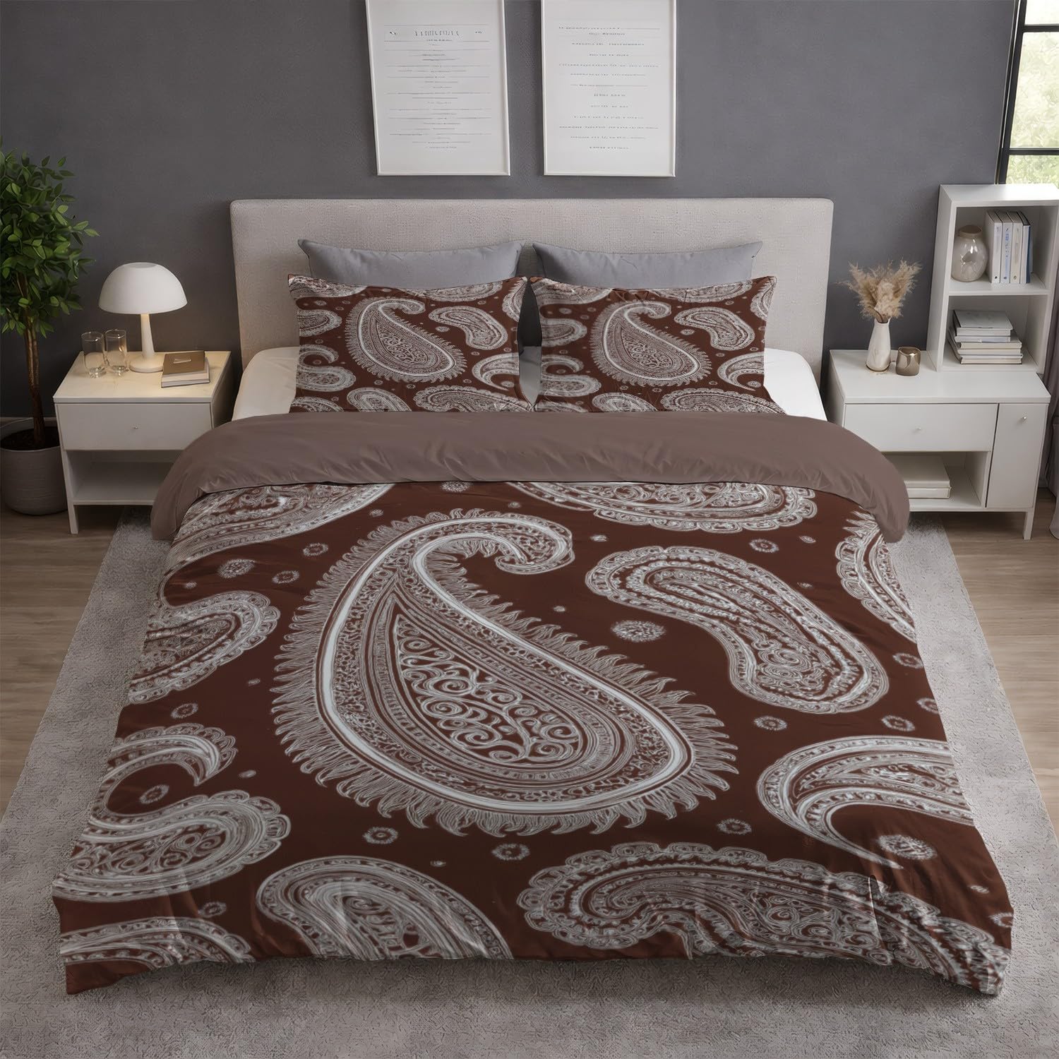 Generic Zestawy poszewek na kołdrę w rozmiarze king size, minimalistyczna, nowoczesna, delikatna pościel z wzorem paisley, brązowo-biała, dwustronna, oddychająca, hipoalergiczna, zestaw pościeli z