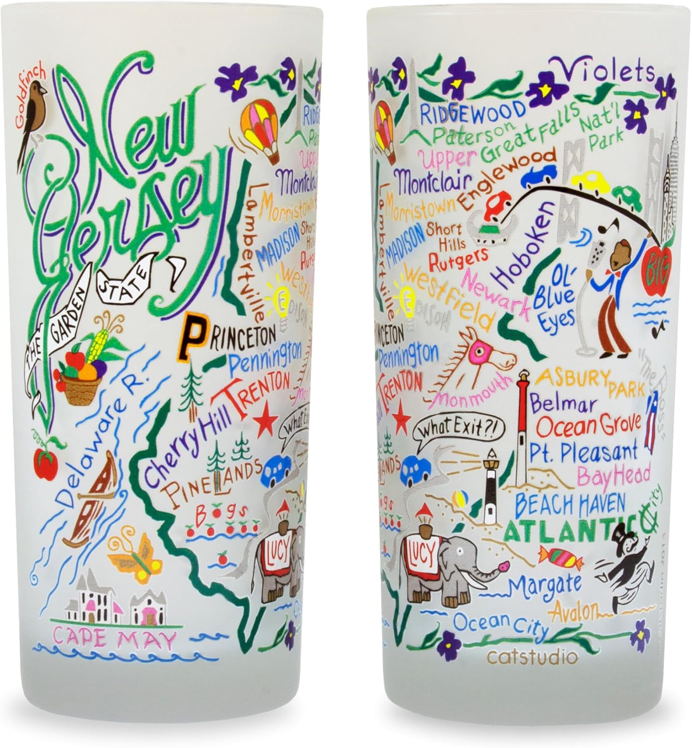 Catstudio Drinking Glasses, New Jersey Frosted Glass Cup for Kitchen, 15oz Dishwasher Safe Tumbler for New Jersey Lovers, Set of 2