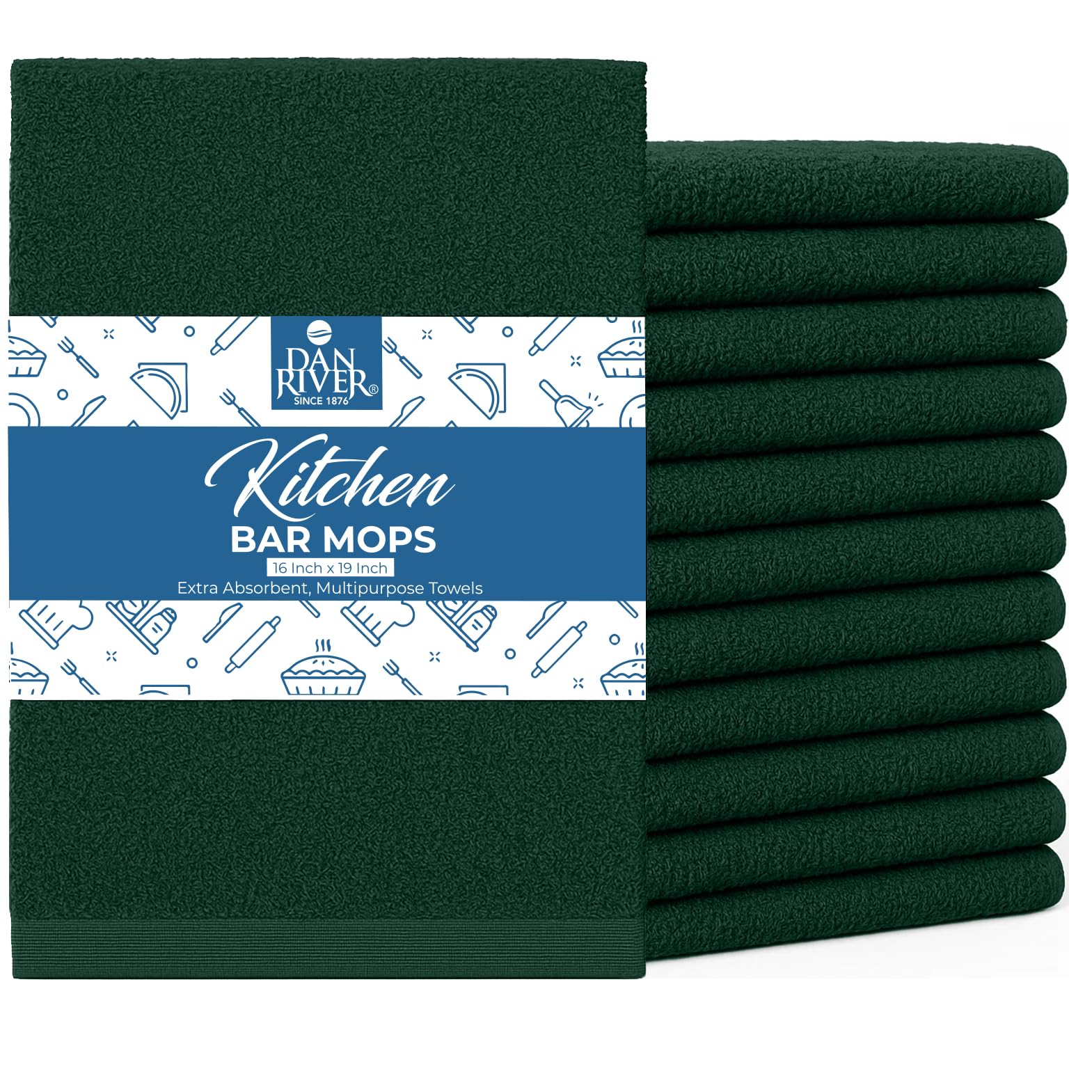 DAN RIVER Kitchen Bar Mops,Pack of 12,16 by 19 Inches,100% Cotton Super Absorbent,Multi-Purpose Cleaning Towels for Home and Kitchen Bars-Huntergreen
