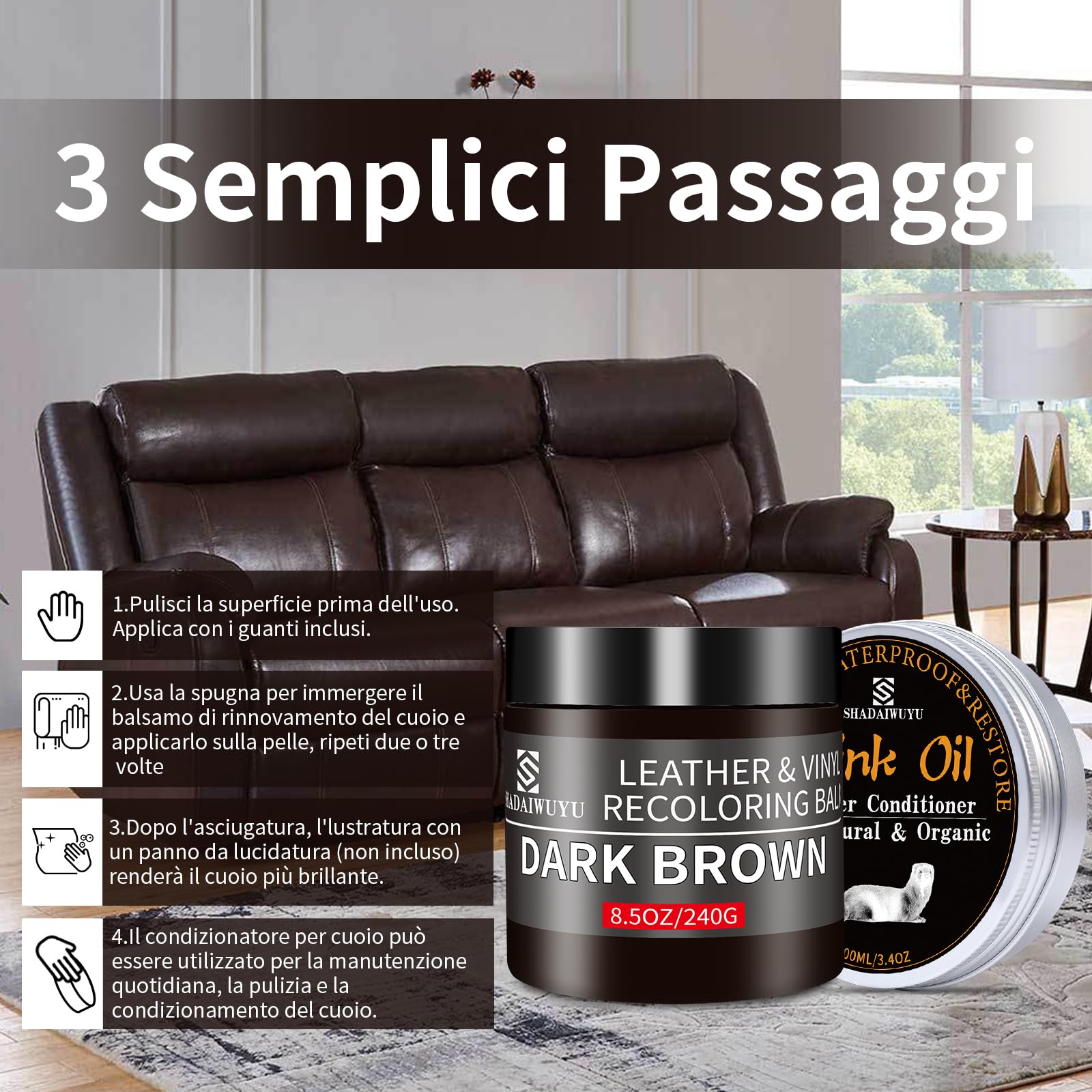 240g Riparazione Pelle con Balsamo,Marrone Scuro Kit Riparazione Pelle per la Riparazione della Pelle,Ricolorante Pelle,Riparazione Sedili Auto,Ripara Pelle Divano,Rinnova Pelle Giacca,Scarpe,Sella