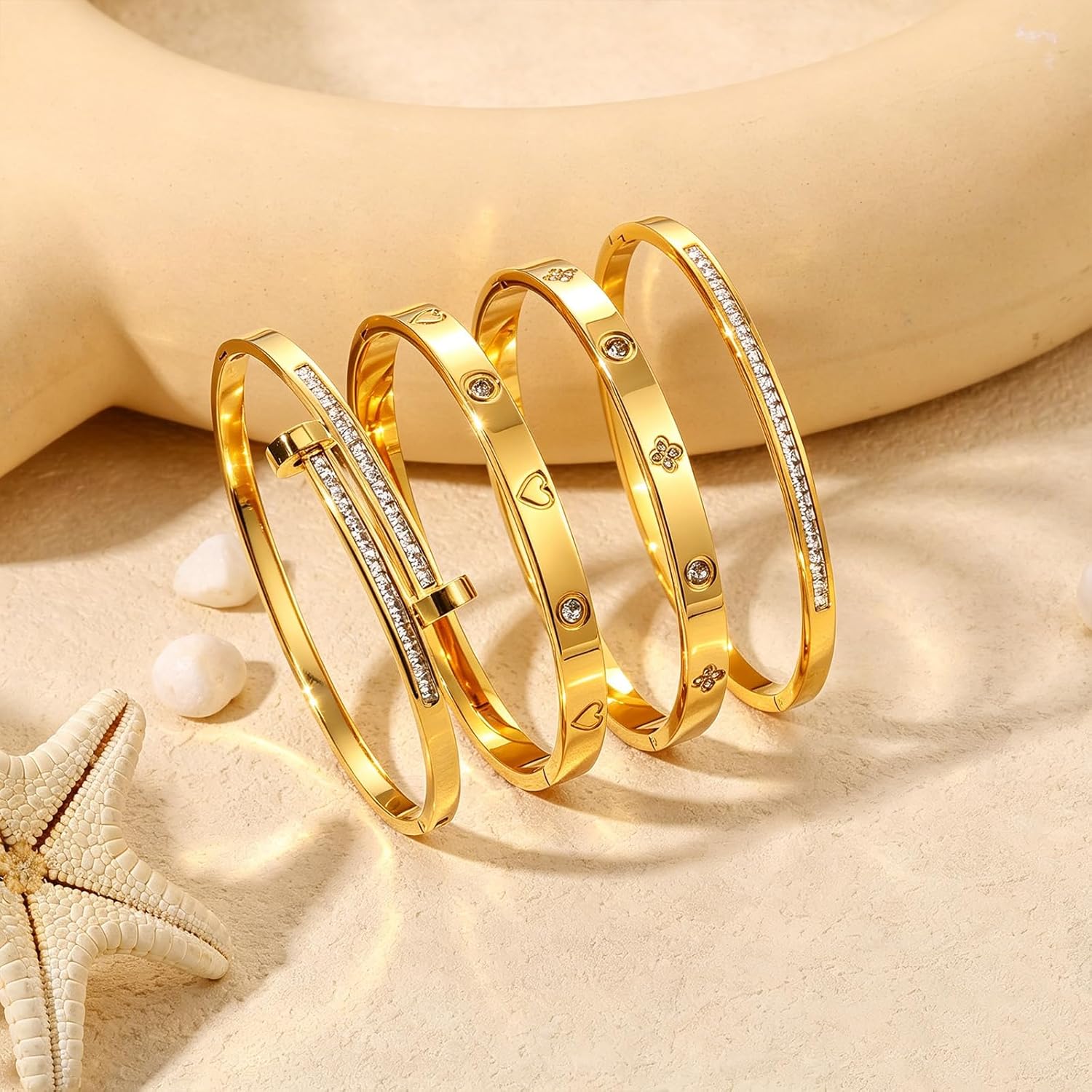 Camhanno Stainless Steel Bangle Bracelet Set for Women - Silver/Gold Love Bangle Non Tarnish Jewelry with Sparkling Crystal Inlay for Love Gifts