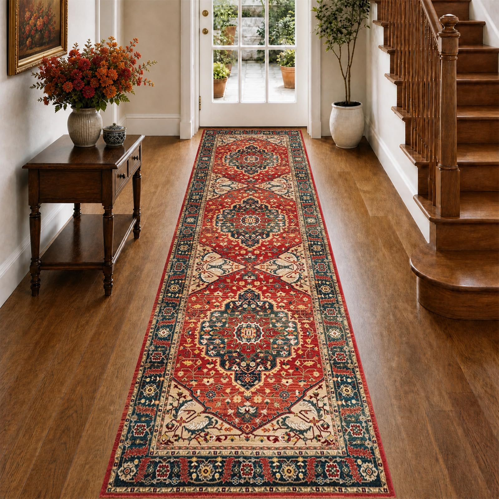 WUTONG Red Oriental Hallway Runner Rug 80 x 300 cm, Washable Vintage Soft