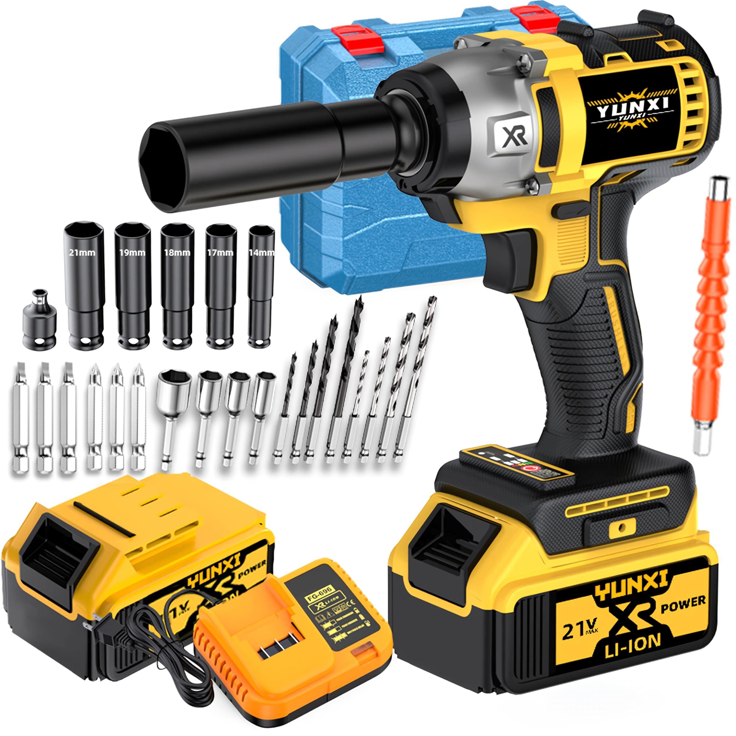 21V wireless impact wrench,Wireless drill/driver compatible with car (Battery 1+multiple accessories with toolbox)