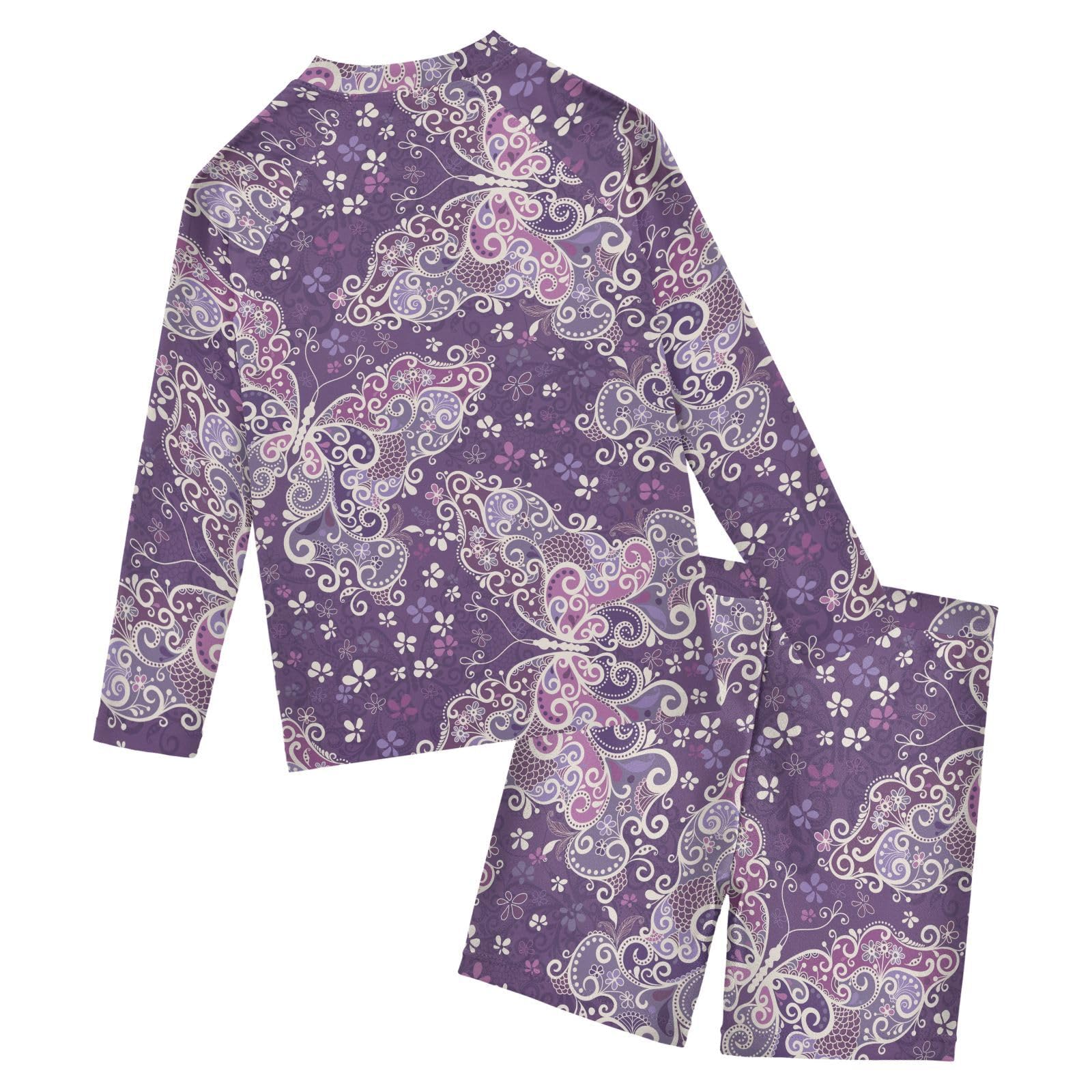 Aflyko Kids' Bathing Suit Set Motley Flower Butterfly Purples Long Sleeve Swim Tops with Shorts Summer Vacation Pool Party Rashguard Fun Cute Toddler Infant Beachwear, 4T