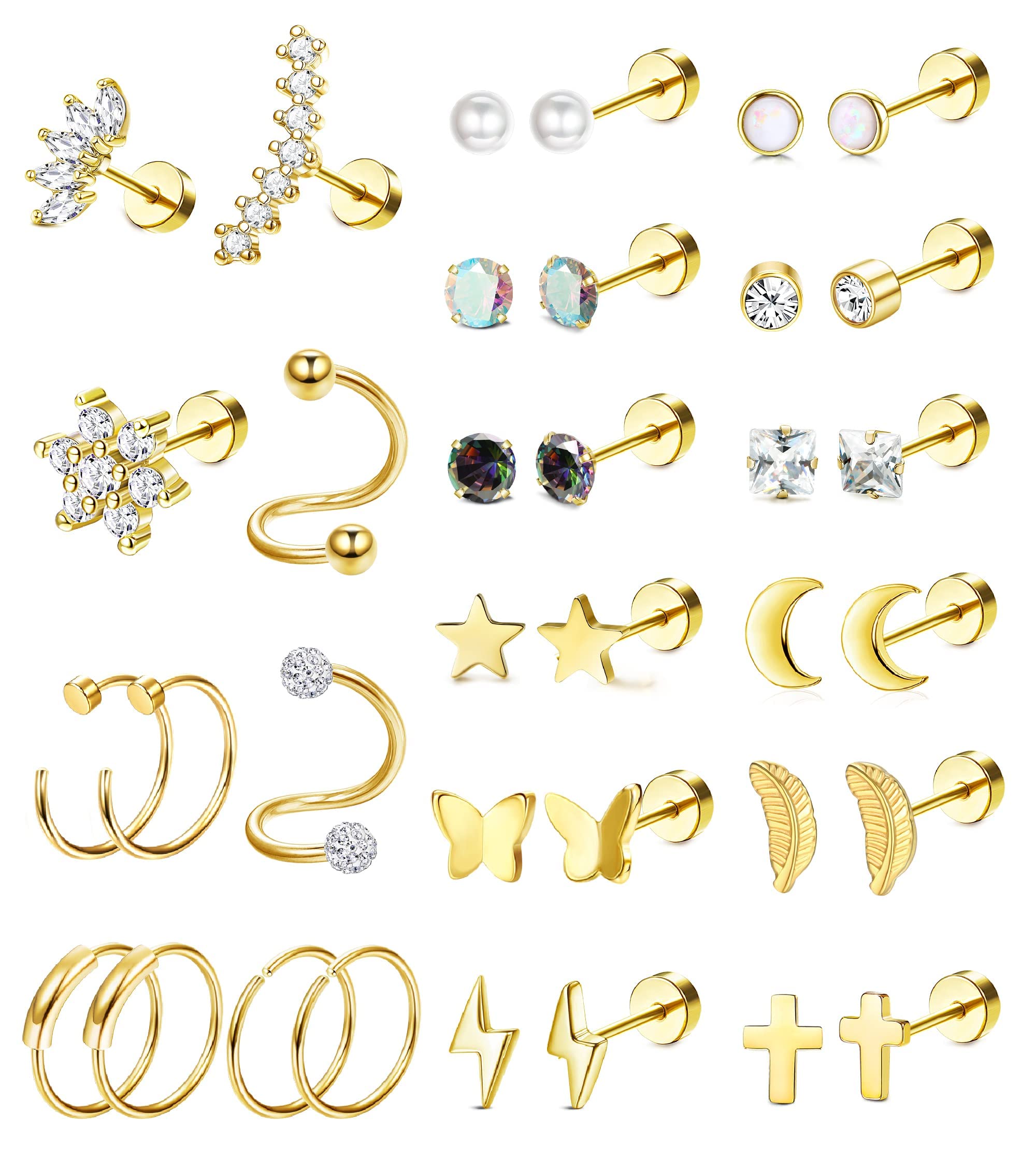 MILACOLATO 20G Pendientes Pequeños Para Mujer Hombre Acero Quirúrgico Zirconia Ópalo Luna Corazón Estrella Cartílago Pendientes Aros Helix Trago Daith Piercing Joyería Pendientes De Espalda Plana