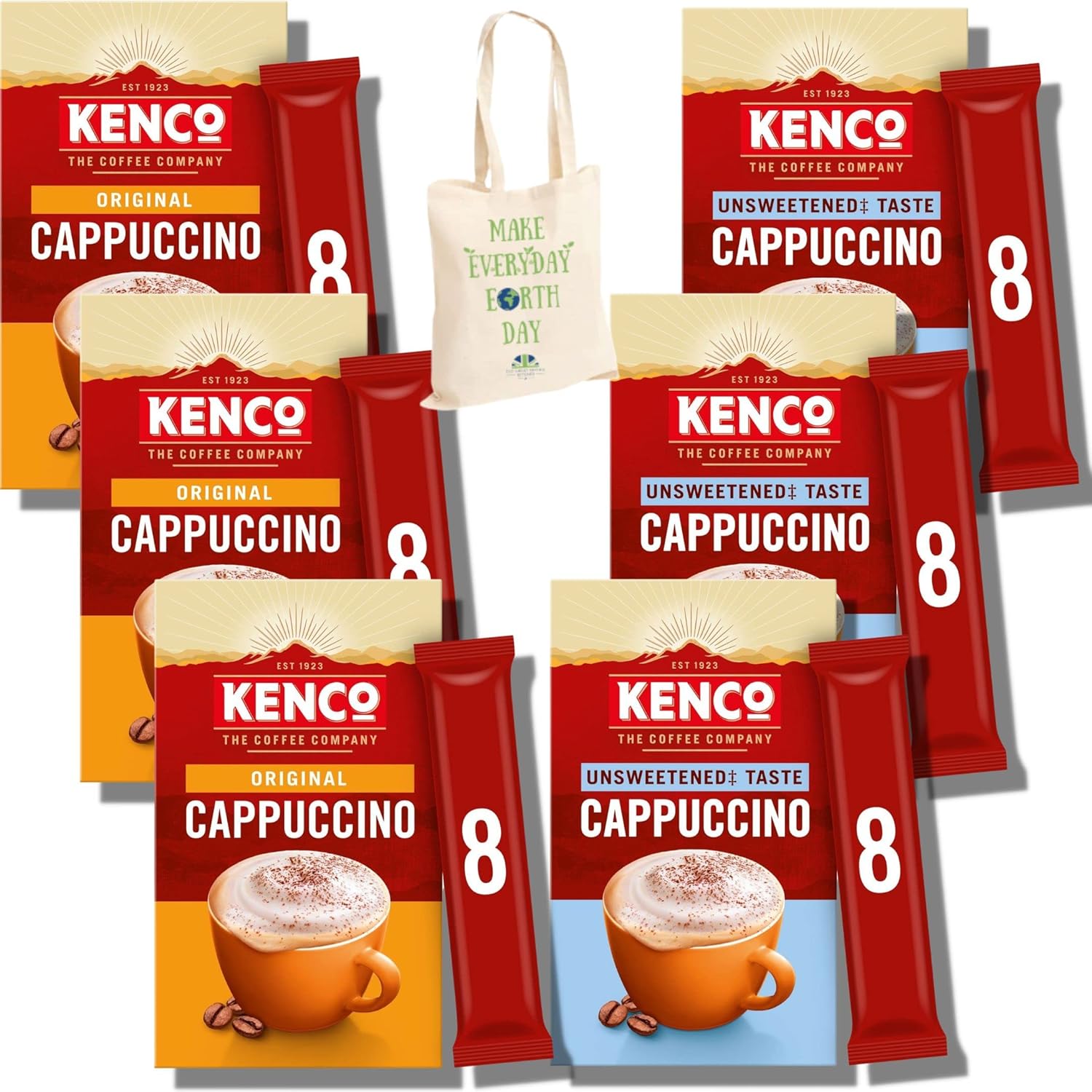 Bundle of Kenco Cappuccino Coffee Sachets 6 Boxes 3x Kenco Cappuccino Unsweetened & 3x Kenco