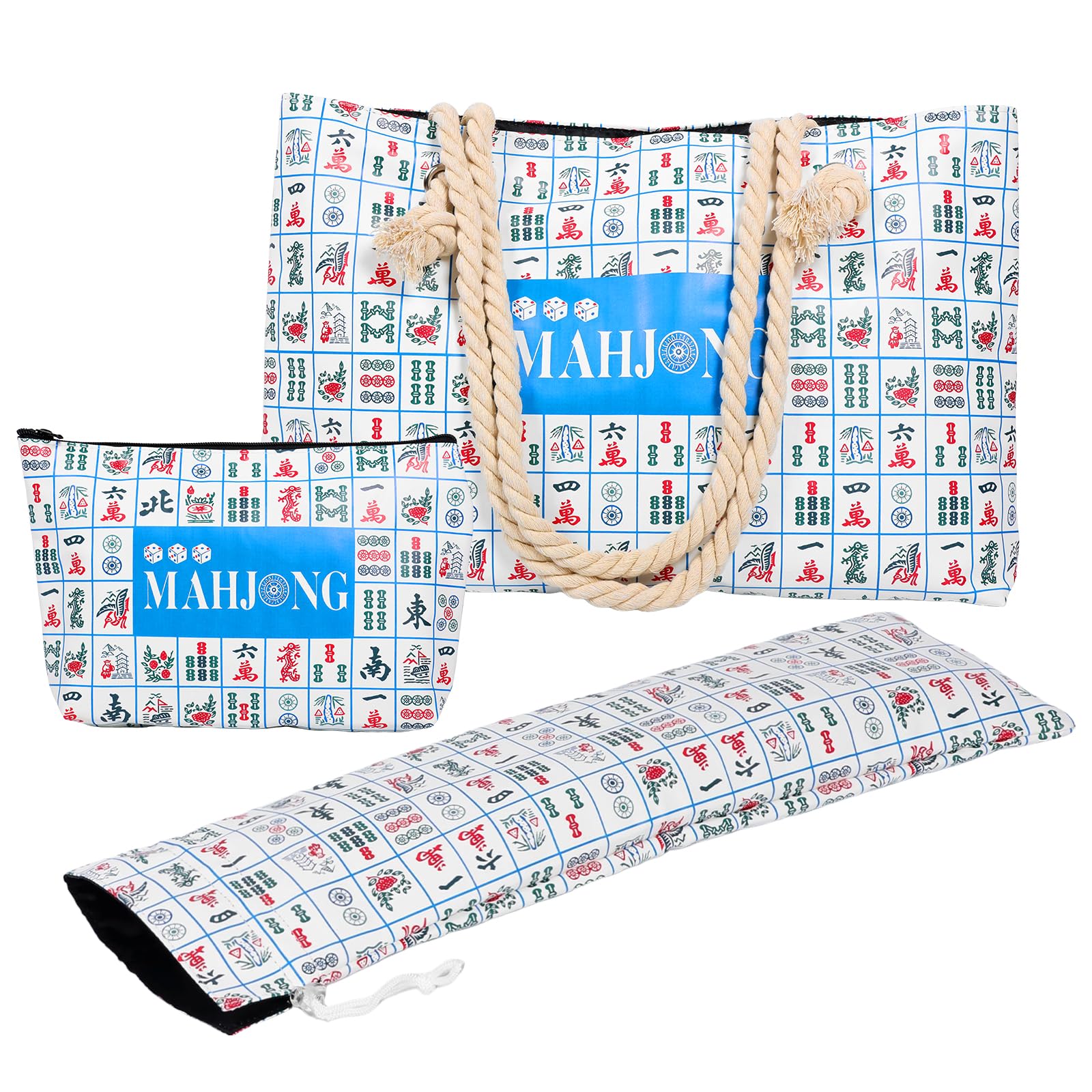 Jethma Mixed Color 3‑Piece Mahjong Bag Set – Tote, Tile Pouch & Rack Sleeve, Blue White Floral Pattern, Cotton Linen/Oxford Fabric, Fits American Mahjong Tiles & Racks – Travel Storage For Game Accessories