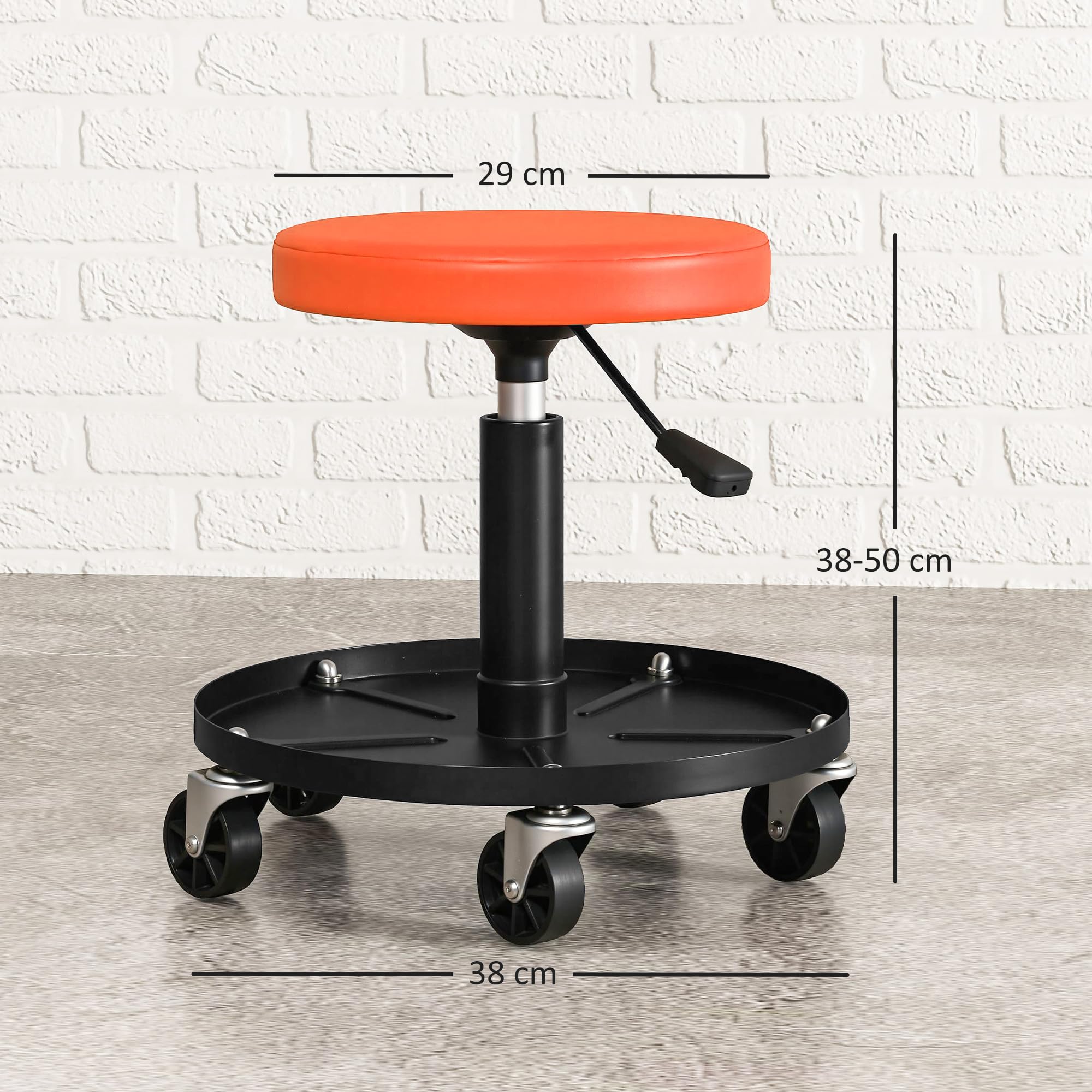 HOMCOM Taboret warsztatowy z 5 kółkami obrotowymi 360°, taboret mechaniczny o regulowanej wysokości 38-50 cm, siedzisko warsztatowe z półką narzędziową, nośność 135 kg, do garażu, pomarańczowy