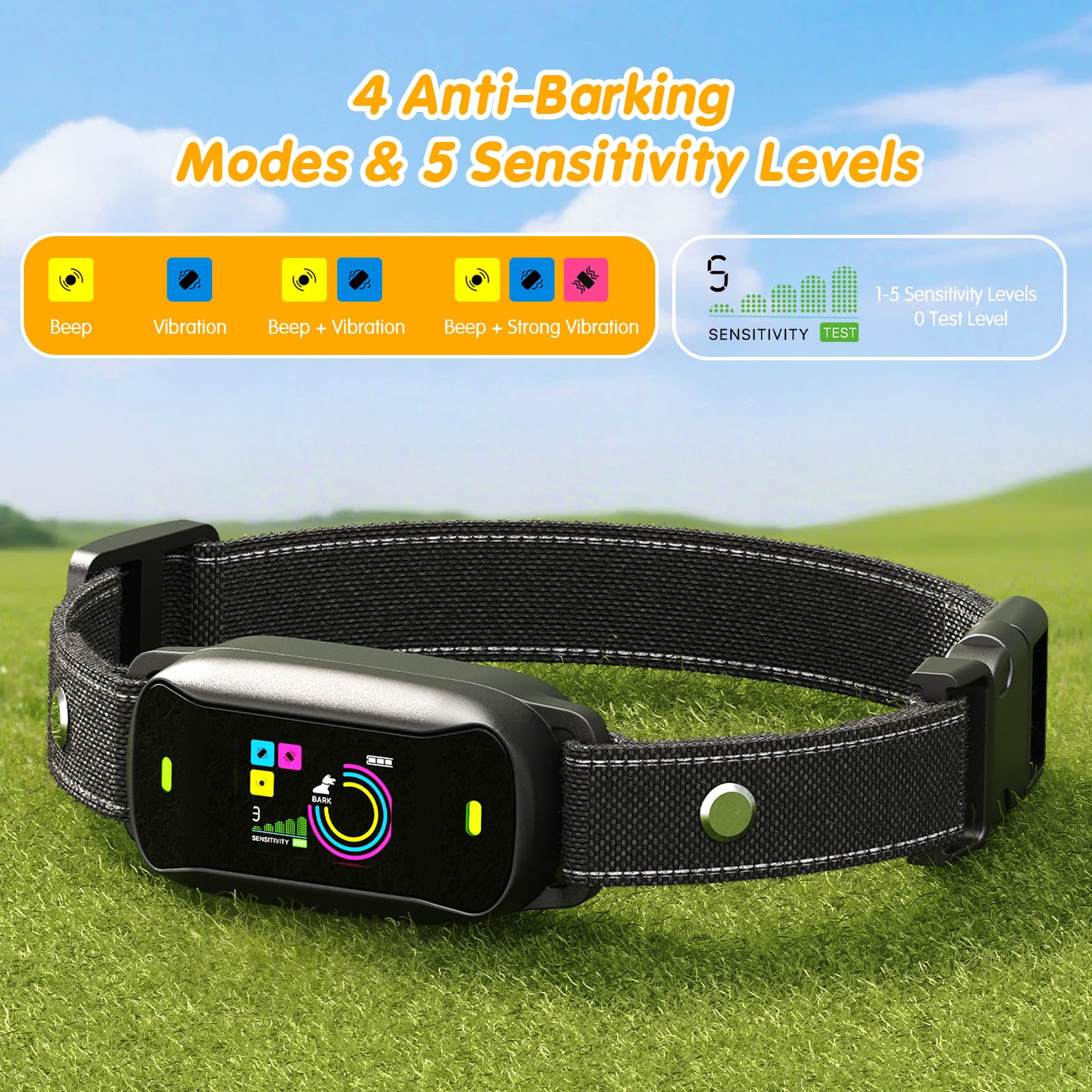 Collar Antiladridos para Perros, Modo de Sonido/Vibración/Vibración Fuerte, 1-5 Niveles de Sensibilidad, Resistencia al Agua IP67, Collar Antiladridos para Perros Pequeños, Medianos y Grandes