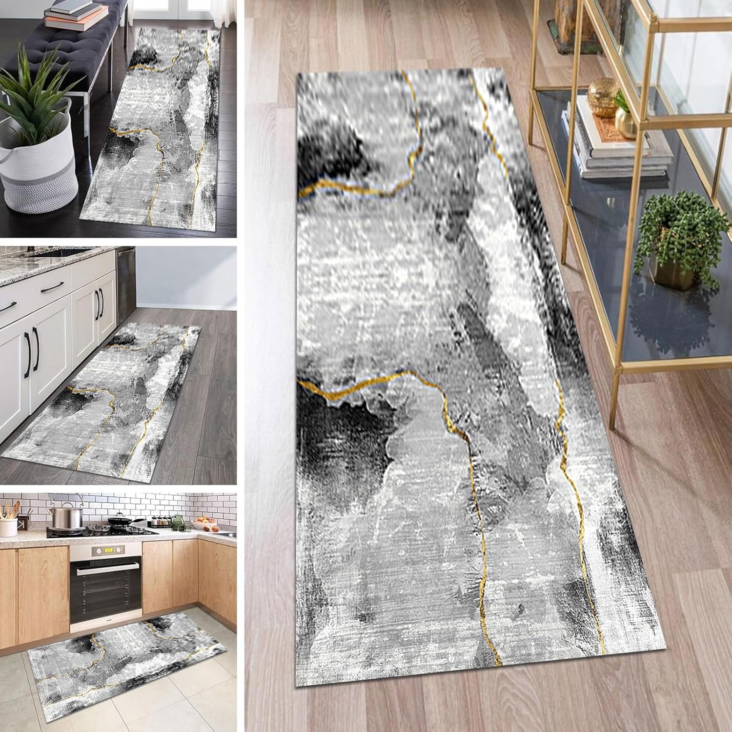 Amazon.com: Modern Hallway Runner Rug, Black Grey Washable Low Pile ...