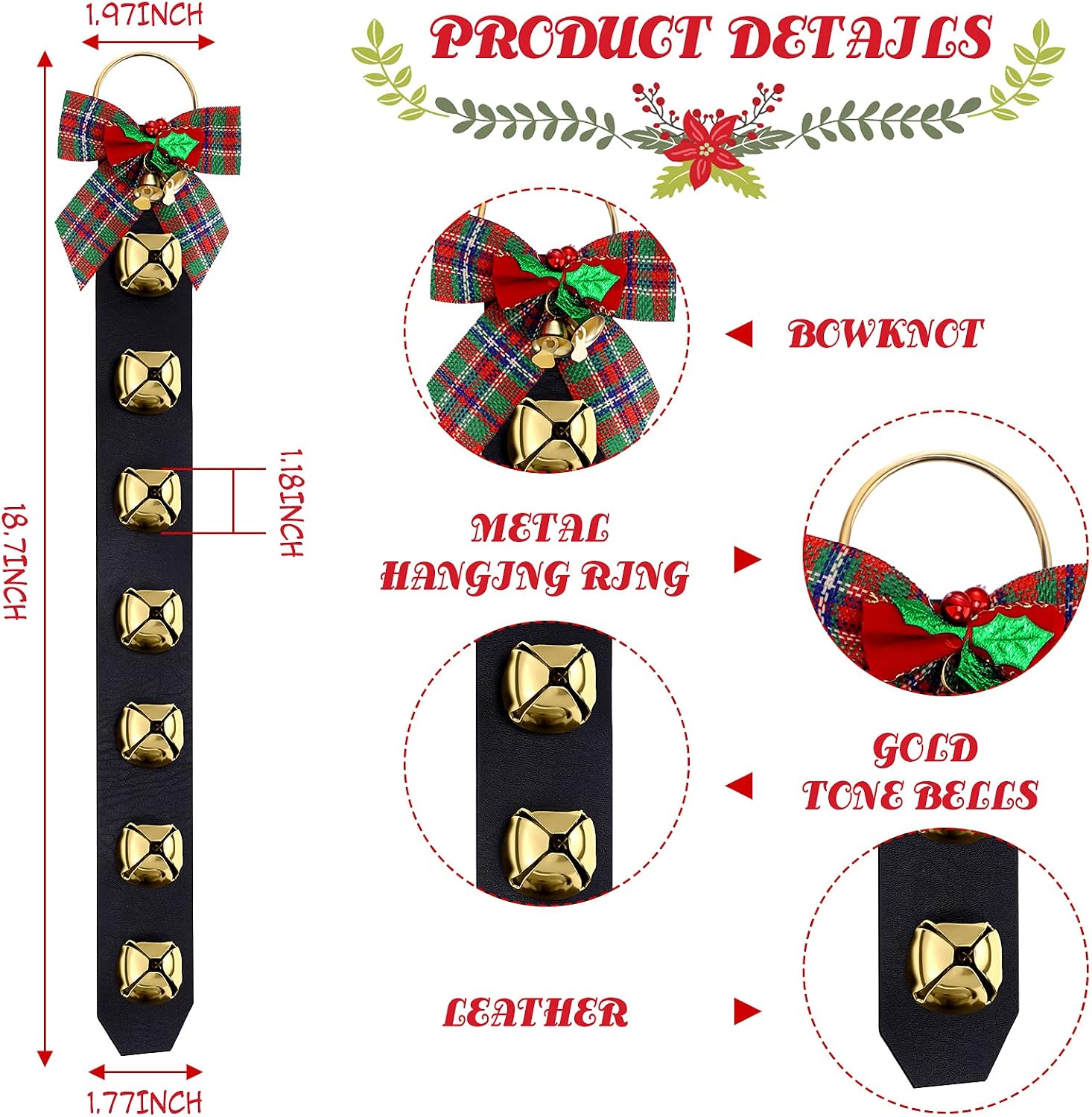 Zhanmai 2 Pcs Christmas Jingle Bells for Door Knob Sleigh Bells Christmas Decor Door Bell Hanger with Bow Welcome Bell Door Hanger for Home Christmas Holiday Decor(18.7 Inch,Gold)
