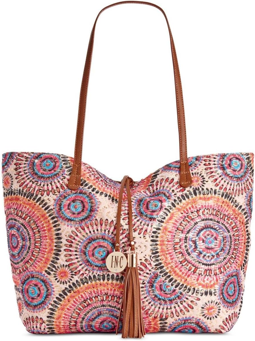 INC Womens Kyli Printed Sequined Tote Handbag Pink Large