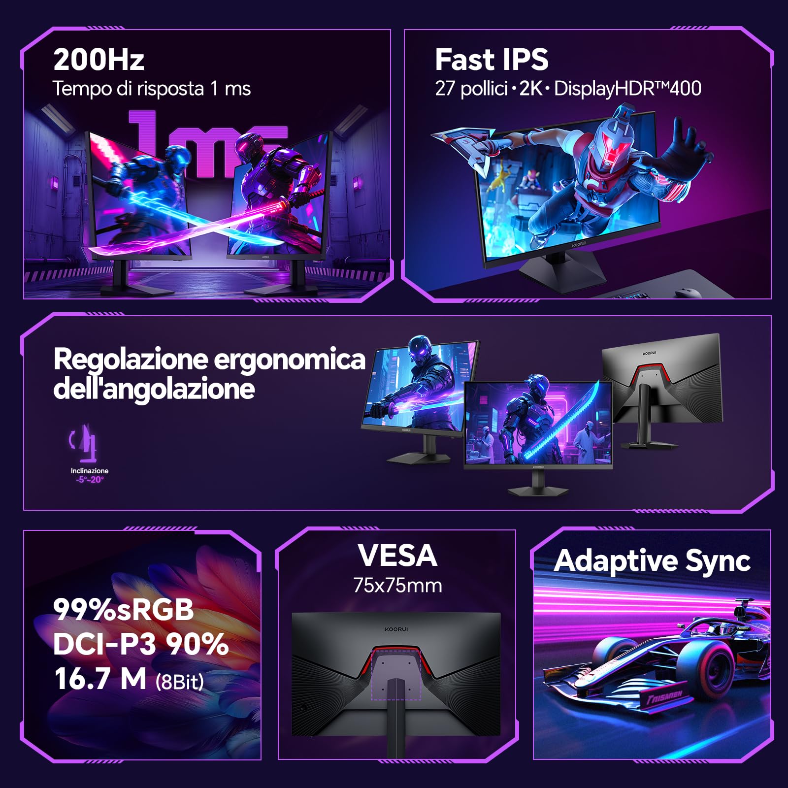 KOORUI 27" Gaming Monitor 200Hz Fast IPS QHD PC Schermo 1ms HDR400 HDMI/DP | Adaptive Sync, DCI-P3 95%, SRGB 99%, Inclinazione Regolabile, QHD 2560x1440,VESA 75x75mm, per lavoro d'ufficio o per giocare
