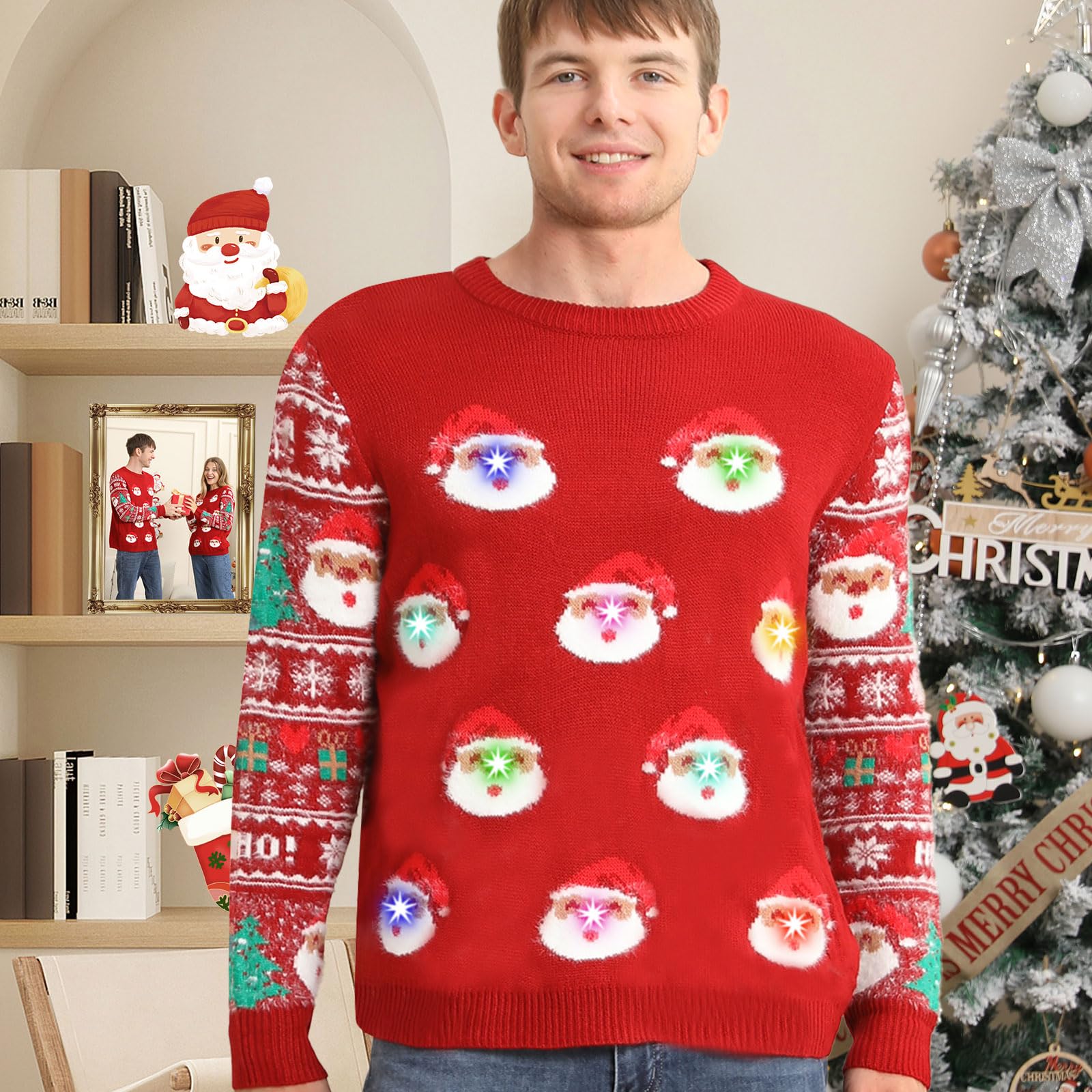 Kouric Maglione Natalizio Luci Coppia, Maglioni Natalizi Famiglia Ugly Christmas Sweater con a LED, Divertenti Maglione Natale Illumina Manica Lunga Brutti per Donna/Uomo/Famiglia