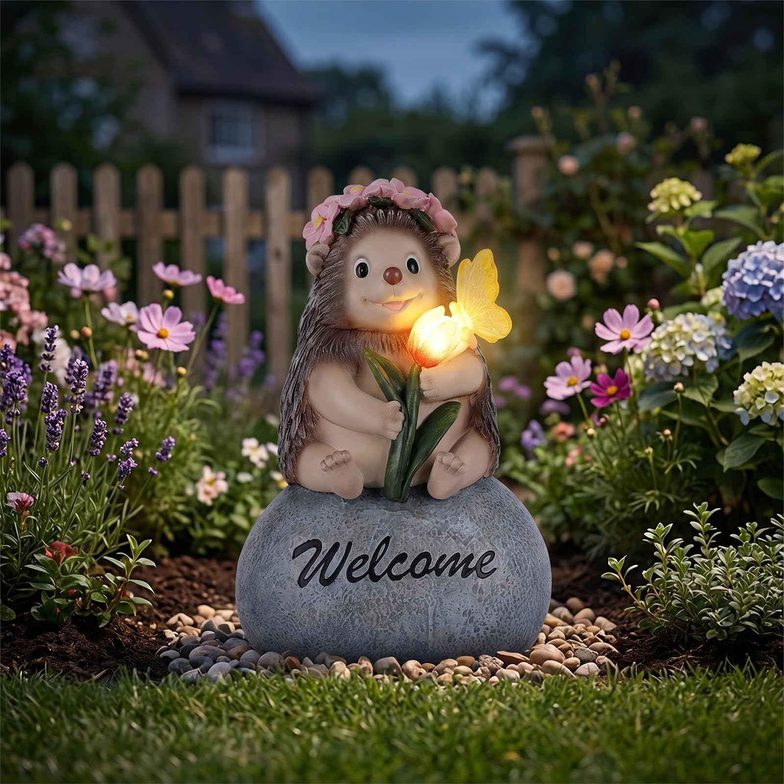 LCCCK 20 cm H carino portico riccio statua, con luce solare animali per cortile e giardino, con cartello di benvenuto, statuetta dipinta all'aperto per portico, patio, cortile, prato, regali per donne
