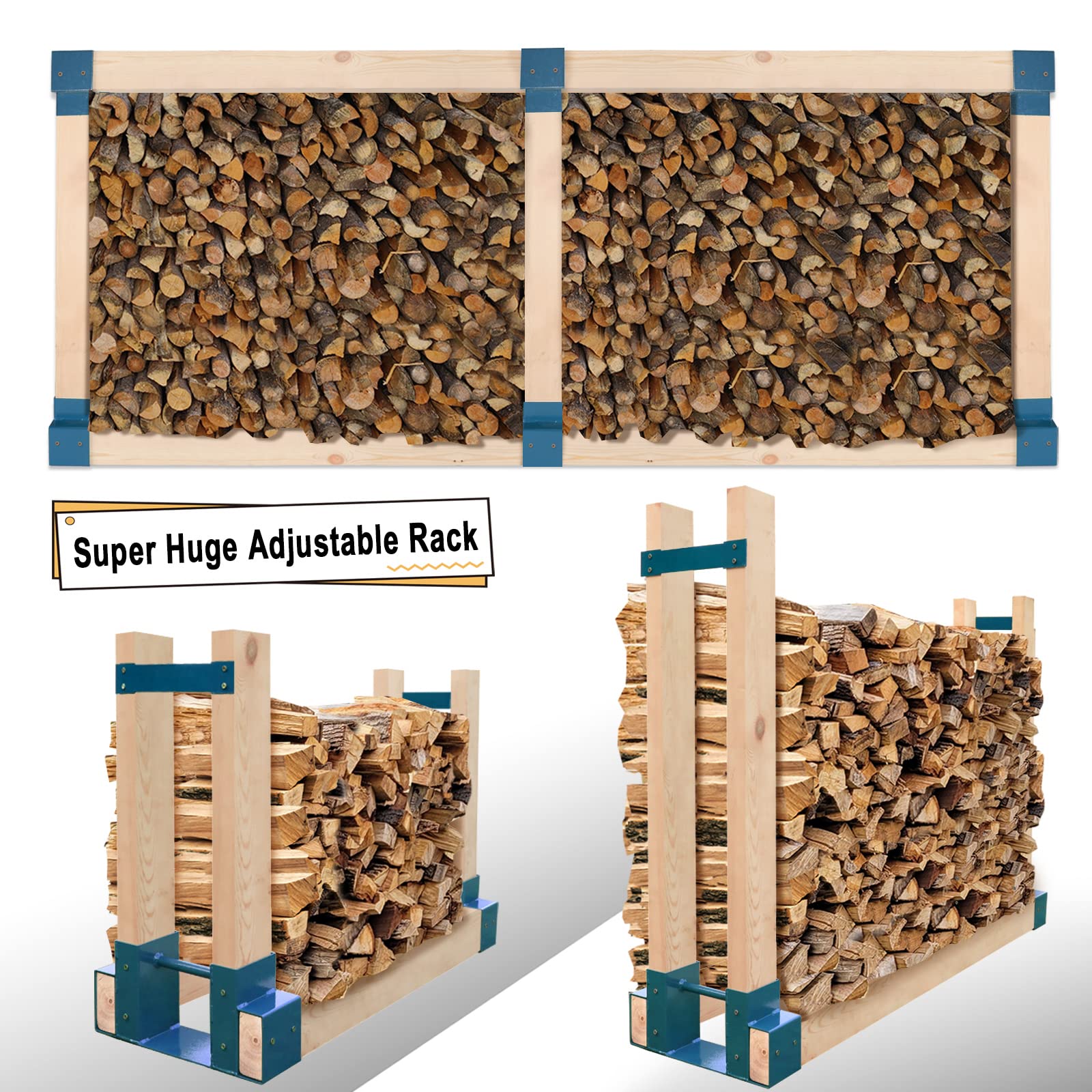 MOFEEZ Outdoor Firewood Log Storage Rack 2x4 Bracket Kit, Fireplace Wood Storage Holder, Adjustable to Any Length - Dark Blue, Two Bases