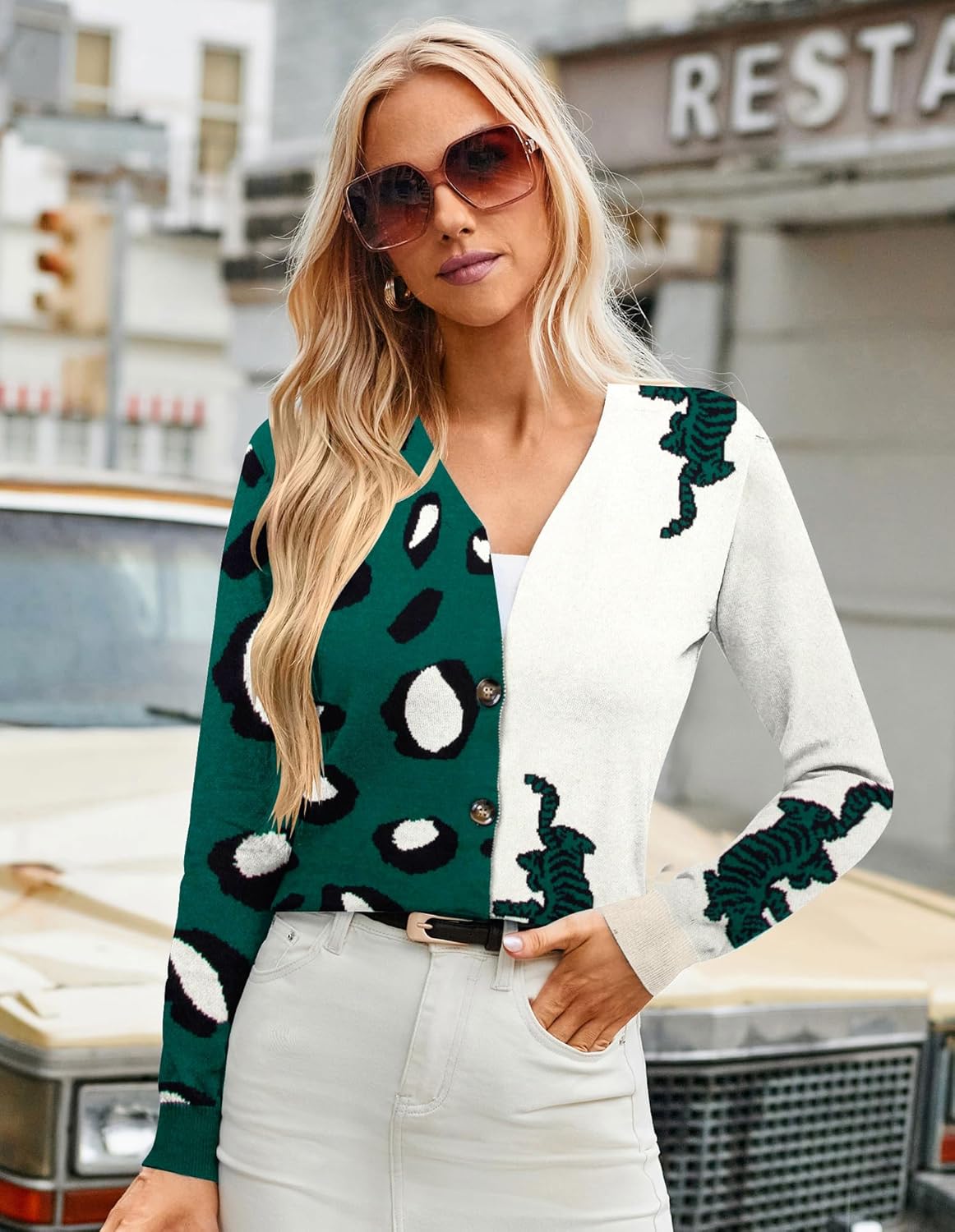 Leopard Tiger Print Cardigan Women: Color Block V Neck Sweater Long Sleeve Animal Print Outfits for Women - Image 3
