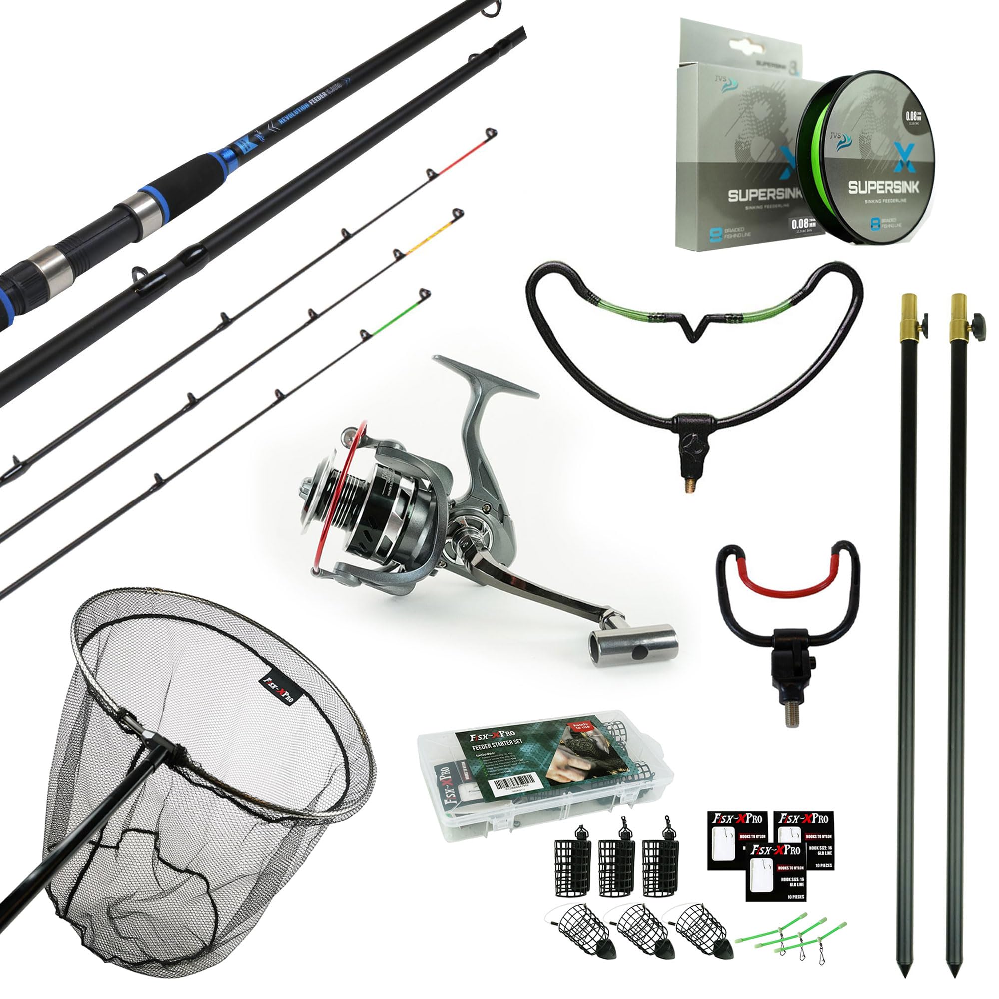 Kompletny Zestaw Feederowy Fish-Xpro - Wędka Feeder 3,30 m, Kołowrotek Feederowy, Podbierak i Akcesoria Feederowe do Łowienia w Jeziorach, Kanałach i Rzekach