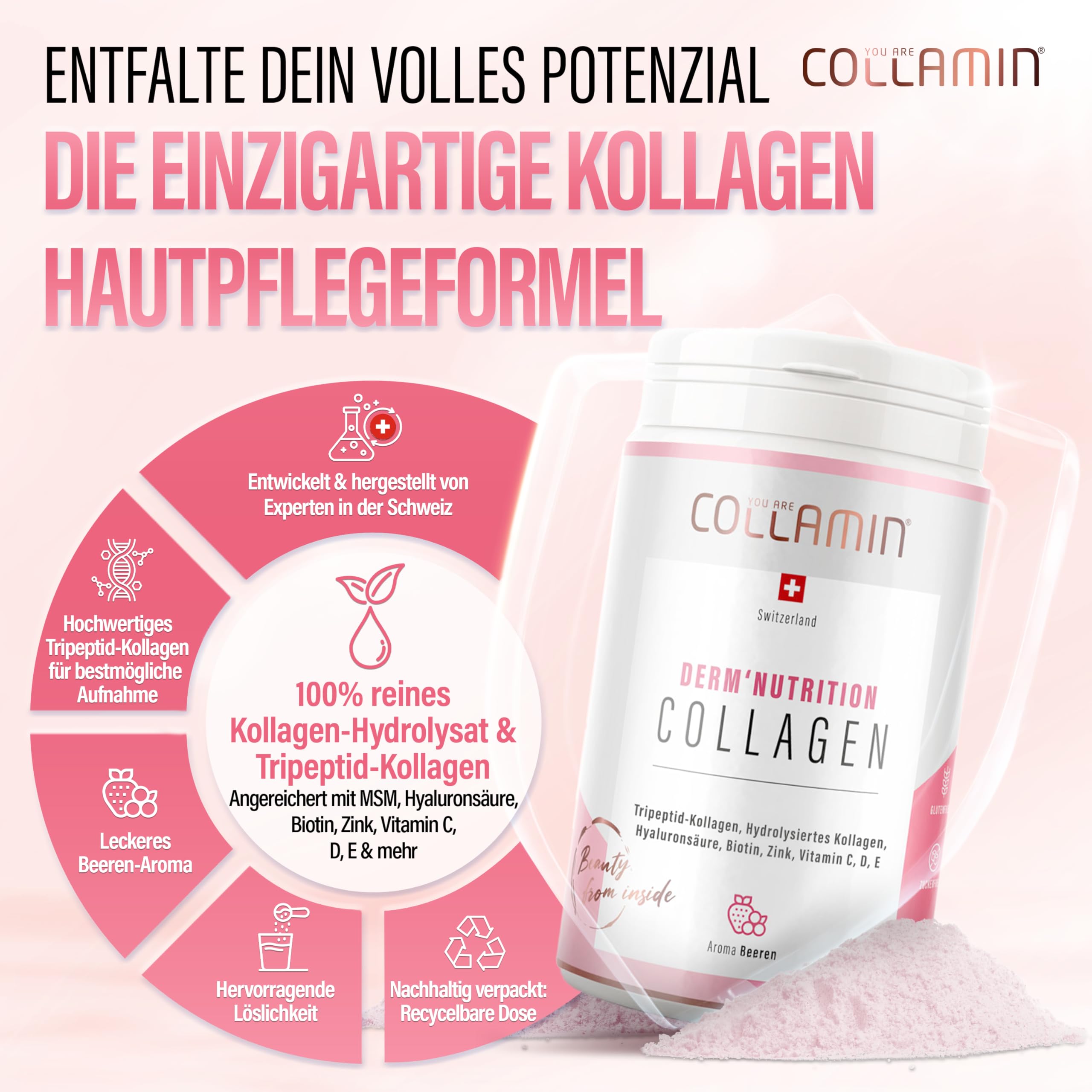 Derm'Nutrition Collagen Pulver - 480g I Tripeptid-Kollagen Pulver mit Vitamin C & Hyaluron I Kollagen Pulver (Rind) mit Beeren Aroma I Hydrolysiertes Kollagen - Made in Switzerland