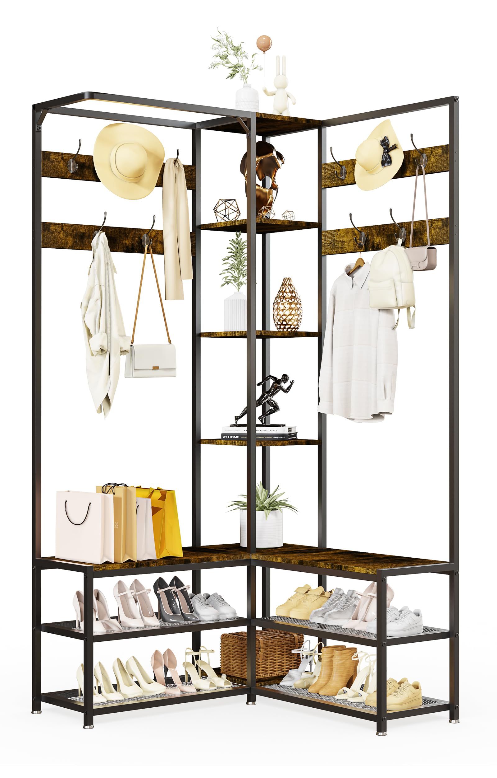 unho Perchero Zapatero de Recibidor con Banco, con 2 Modos de Instalar, Perchero de Pie Industrial con Estanteria y Ganchos para Entrada Pasillo Esquina, 146x30x178cm