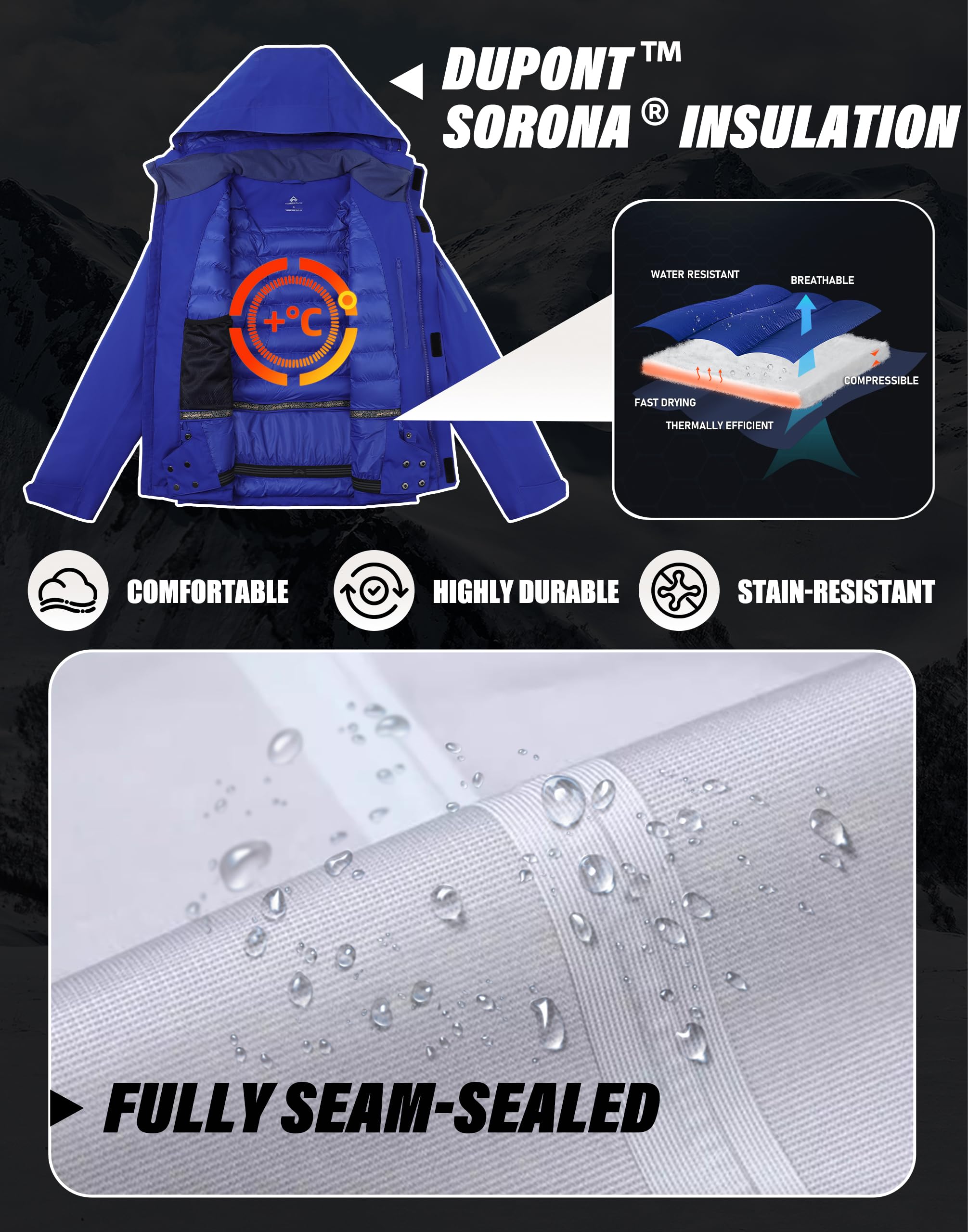 Herren Skijacke Wasserdicht Warm Atmungsaktiv Snowboardjacke Winterjacke mit Kapuze
