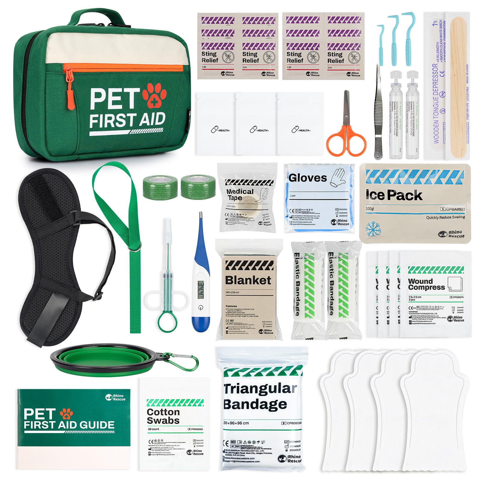 RHINO RESCUE Kit de primeros auxilios para mascotas, equipo de emergencia para perros y gatos, kit básico de seguridad con termómetro, zapatos de protección desechables para el hogar, senderismo