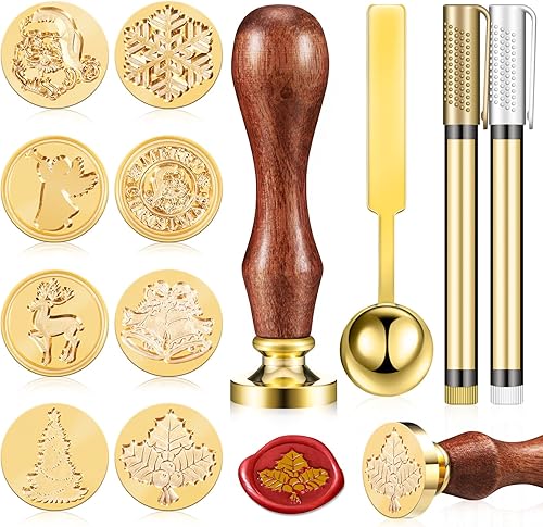 Miniatura 7 de Juego de 8 sellos de cera para Navidad, Halloween, mango de madera, cuchara de fusión, 2 bolígrafos metálicos para decoración de sellos de cera