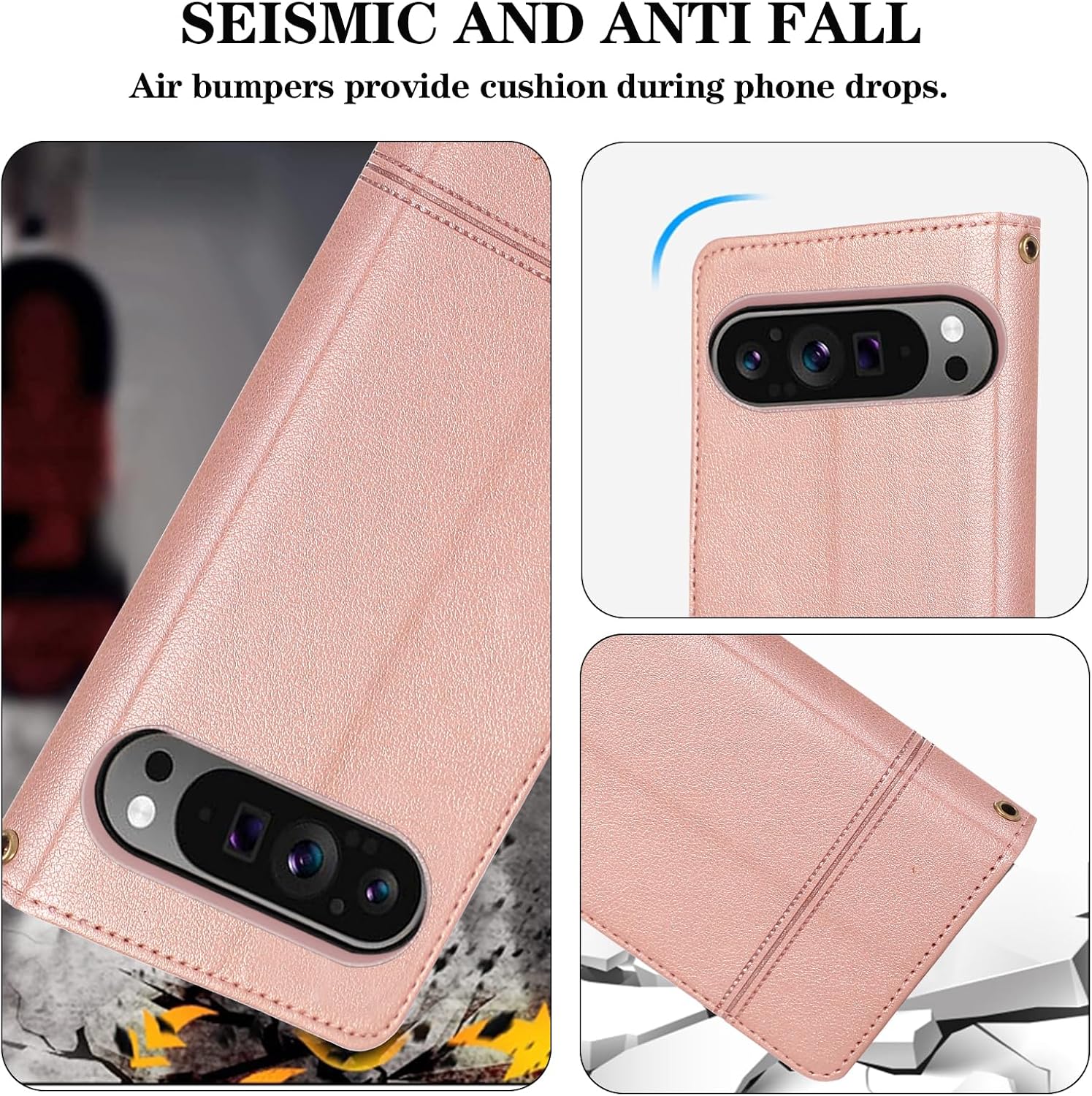Compatible with Google Pixel 9 Pro XL/10 Pro XL Wallet Case Wrist Strap Crossbody Strap, Mirror PU Leather Flip Stand Cell Phone Cover for Pixel9 9Pro Nine Pixel10 10Pro LX Women Men Rose Gold