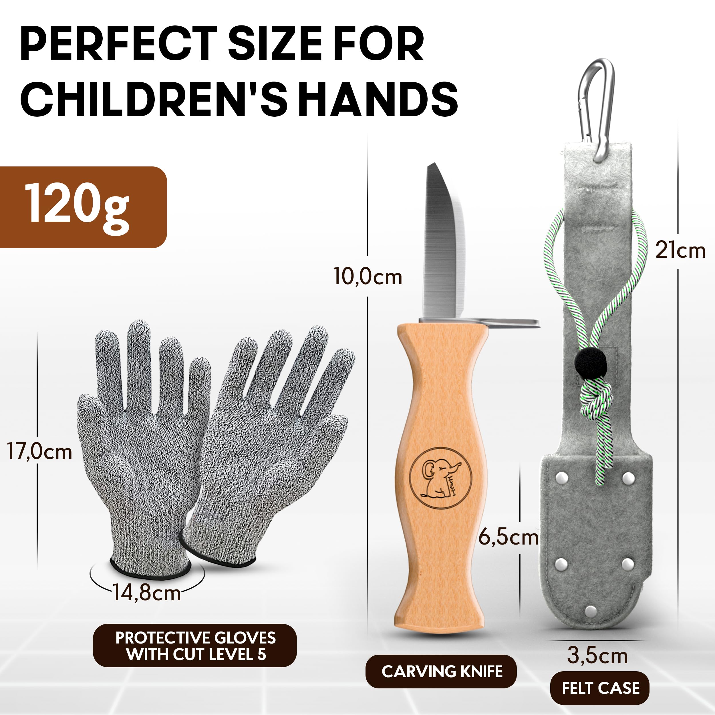 Eli® Coltello da intaglio per bambini con tasca in feltro dai 6 anni in su, set da intaglio per bambini, con guanti resistenti al taglio, coltello da intaglio per bambini, strumento per intaglio,