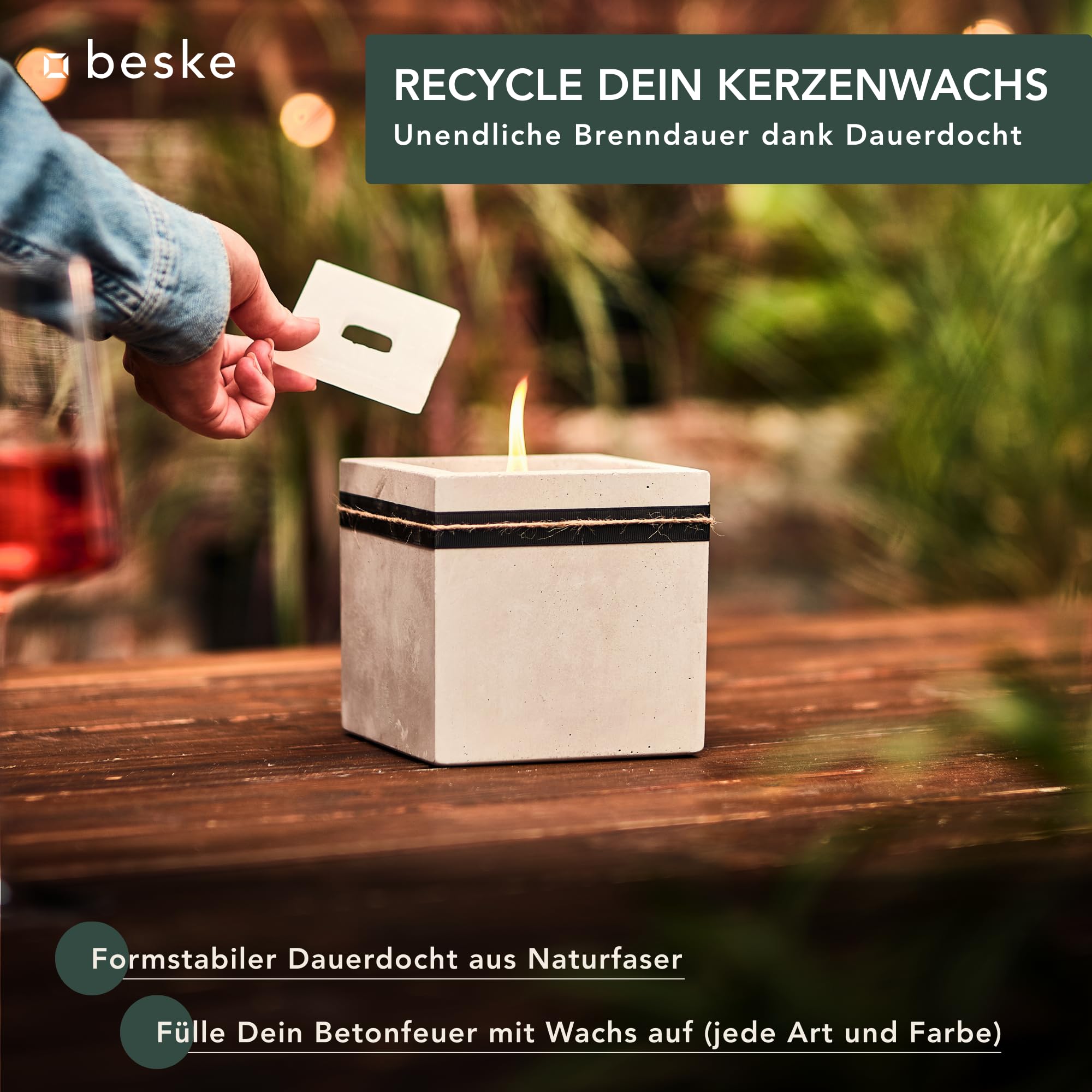 Beske-Manufaktur Design Betonfeuer Outdoor Kerze mit Dauerdocht 13x13x13cm
