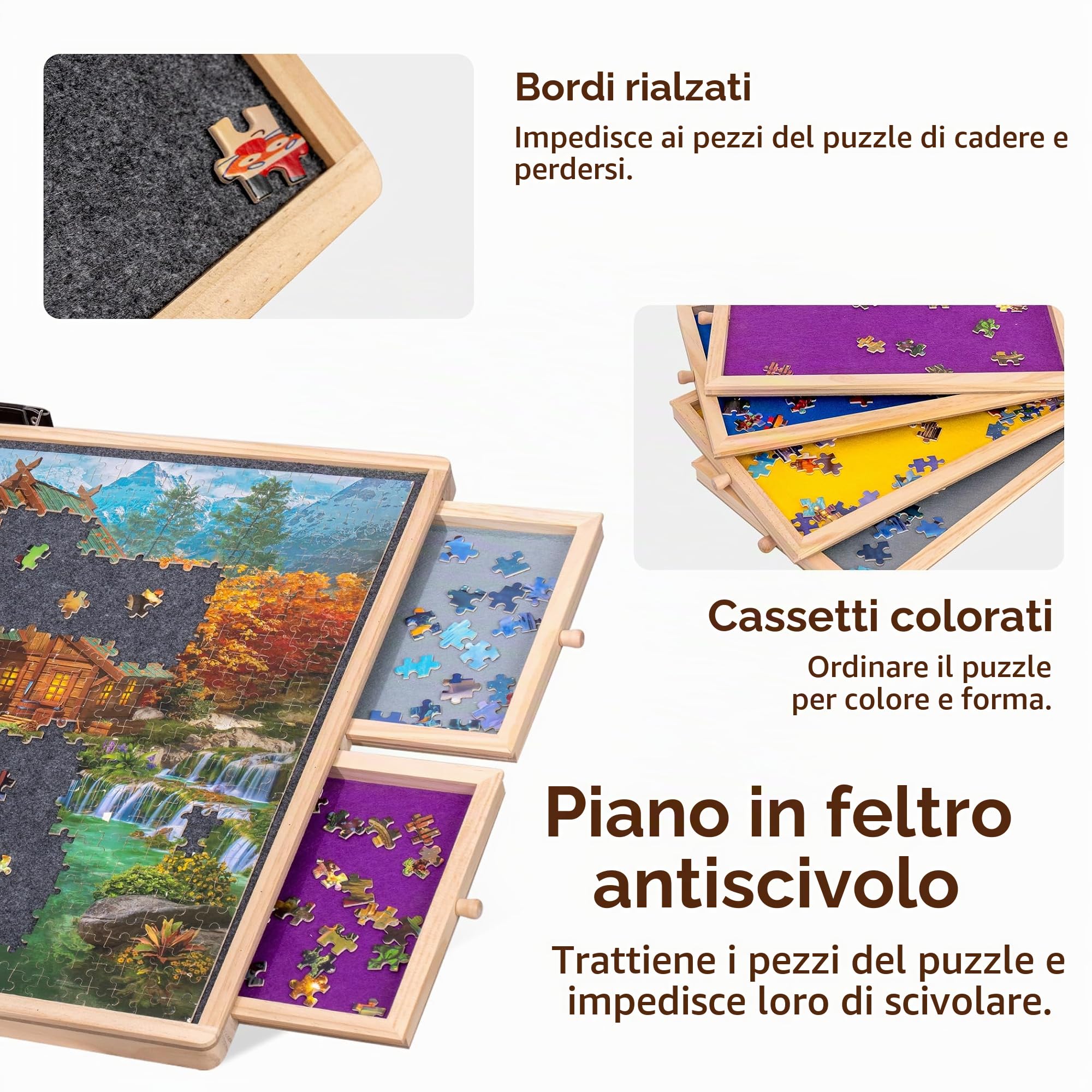 Lavievert Puzzle girevole da 1000 pezzi con 4 cassetti di scorrimento, tavolo puzzle ribaltabile con copertura, altopiano puzzle in legno con tavolo antiscivolo per adulti