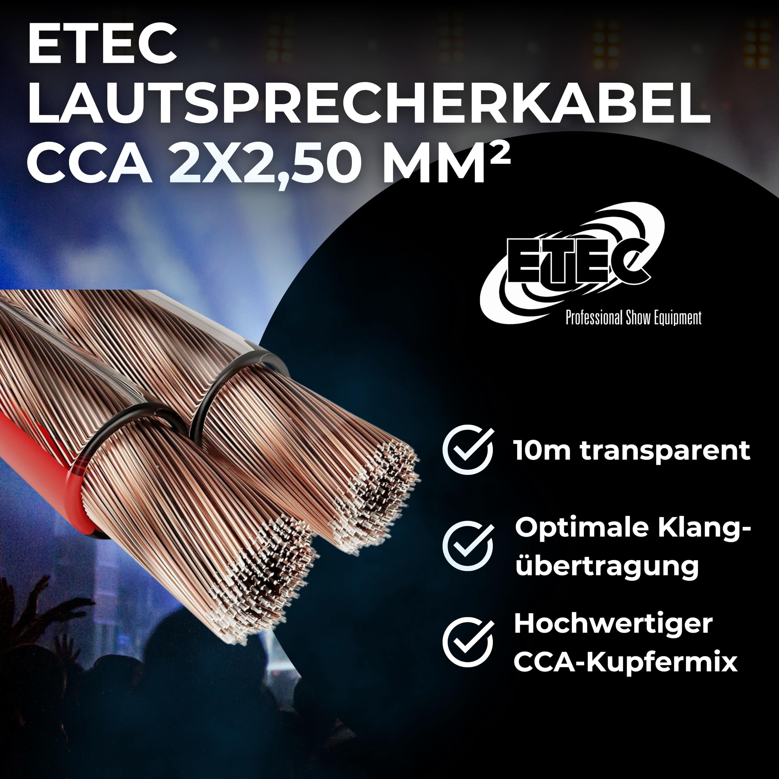 ETEC, kabel głośnikowy 10 metrów, kabel głośnikowy CCA, przekrój kabla 2x2,50mm², przezroczysty