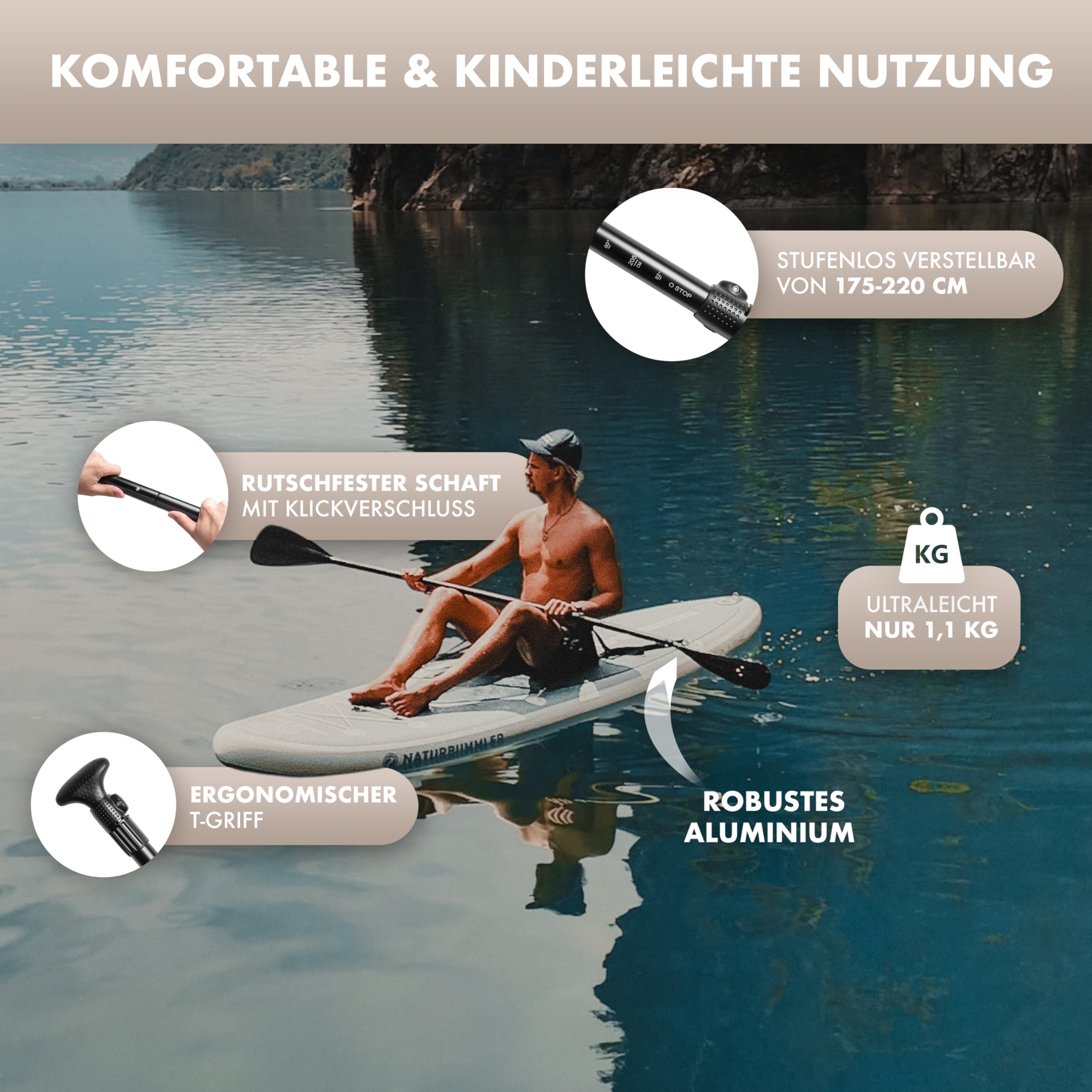 NATURBUMMLER SUP Paddel [2-in-1] Doppelpaddel – Ultraleicht & stufenlos verstellbar – Aluminium Paddel mit T-Griff für Stand Up Paddling & Kajak – Zubehör für Dein Wasserabenteuer (Schwarz)