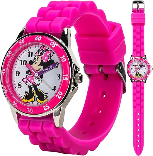 Minnie Mouse Time Teacher Watch for Girls - Analog Time Learning with Easy-to-Read Numbers and Comfortable Silicone Band