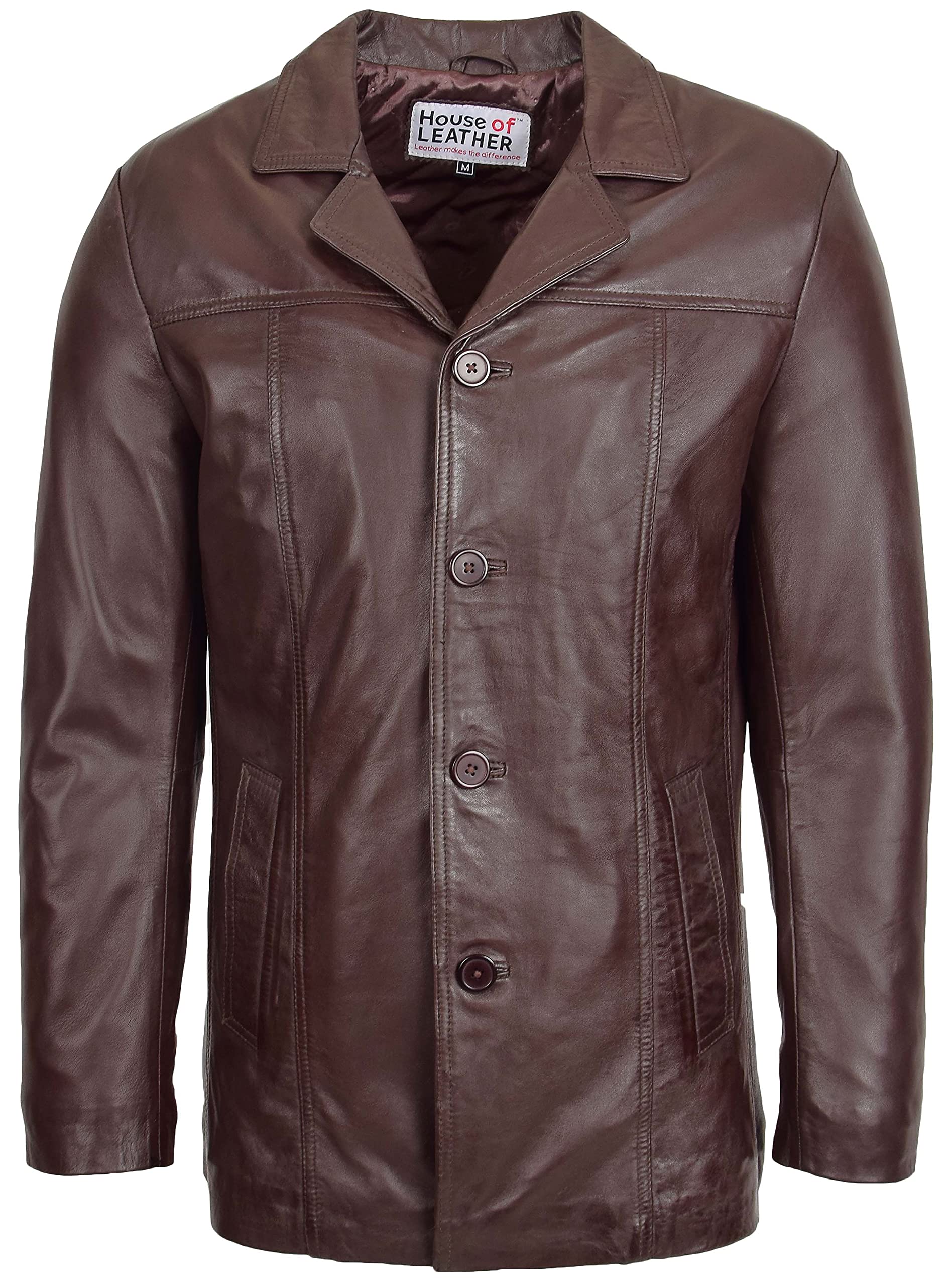 House Of Leather Men's Brown Real Leather Reefer Jacket Classic Button Style Thrill (S, )