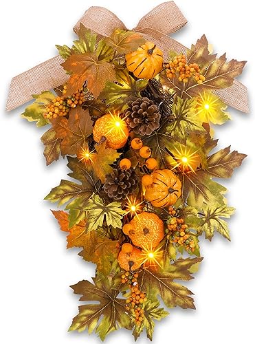 YULETIME Botín de lágrima decorativo preiluminado de 24 pulgadas, funciona con pilas, guirnalda artificial de Navidad con luces de hadas, lazo rojo