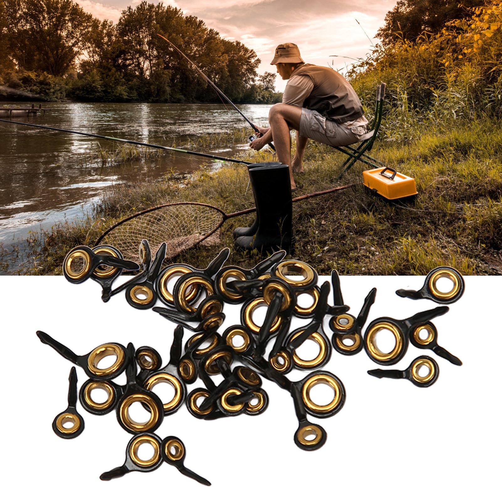 EIMSOAH Fishing Rod Tip Repair Kit,40 PCS Stainless Steel Ceramic Guides Rings Fishing Rod Tip Replacement Kit for Saltwater Freshwater (Black and Gold)